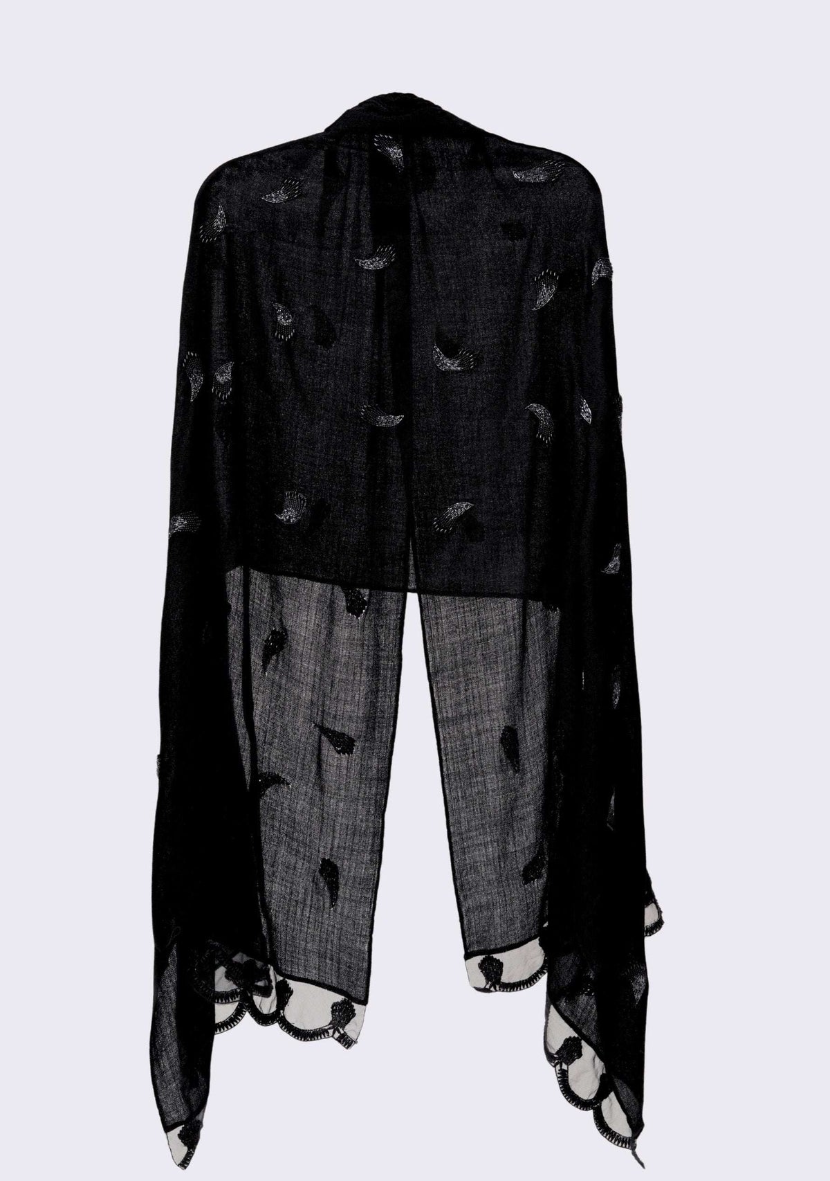 Maneesha Ruia black cashmere scarf with hand-beaded pearls and scalloped organza border, luxury designer scarf