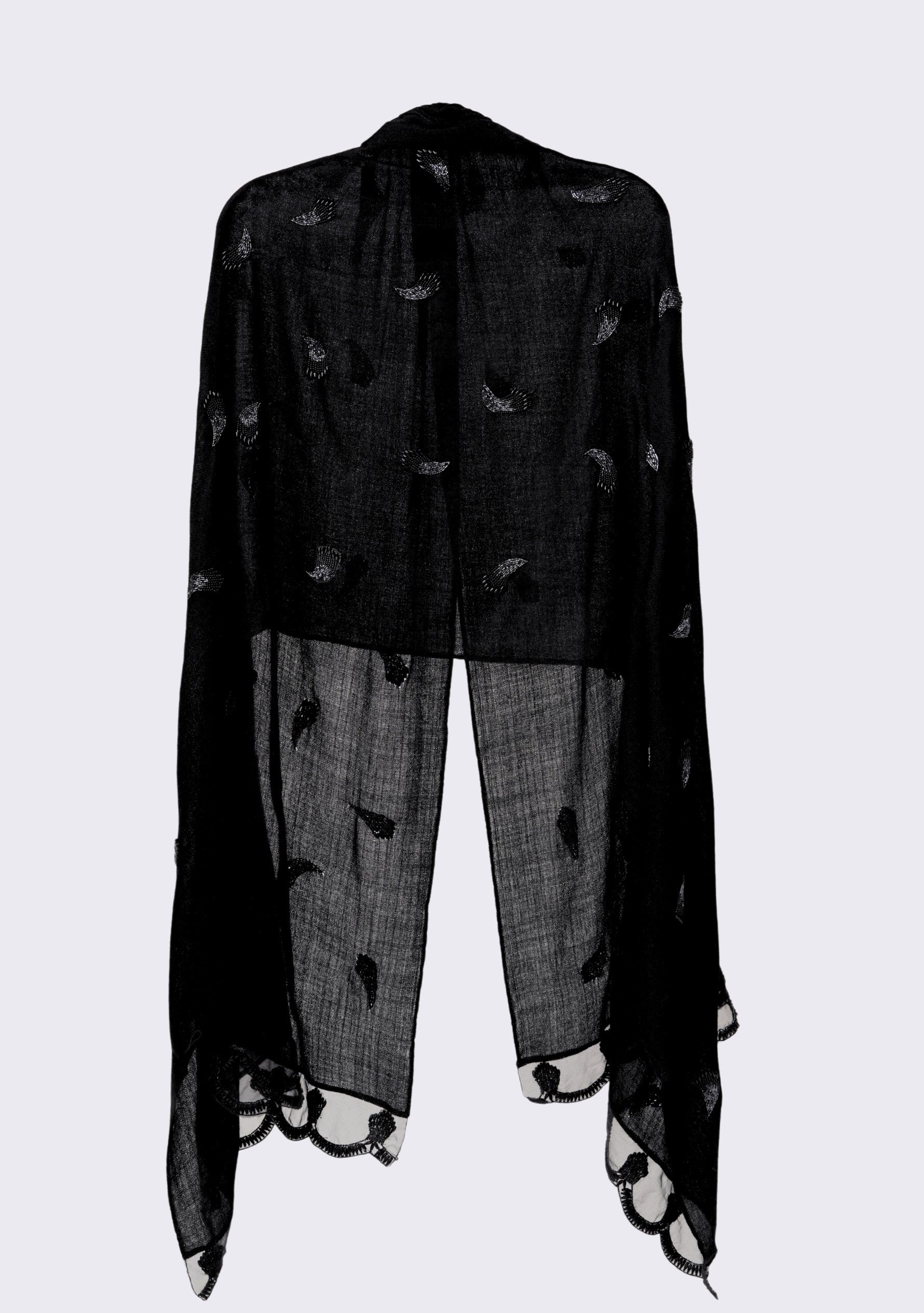 Maneesha Ruia black cashmere scarf with hand-beaded pearls and scalloped organza border, luxury designer scarf
