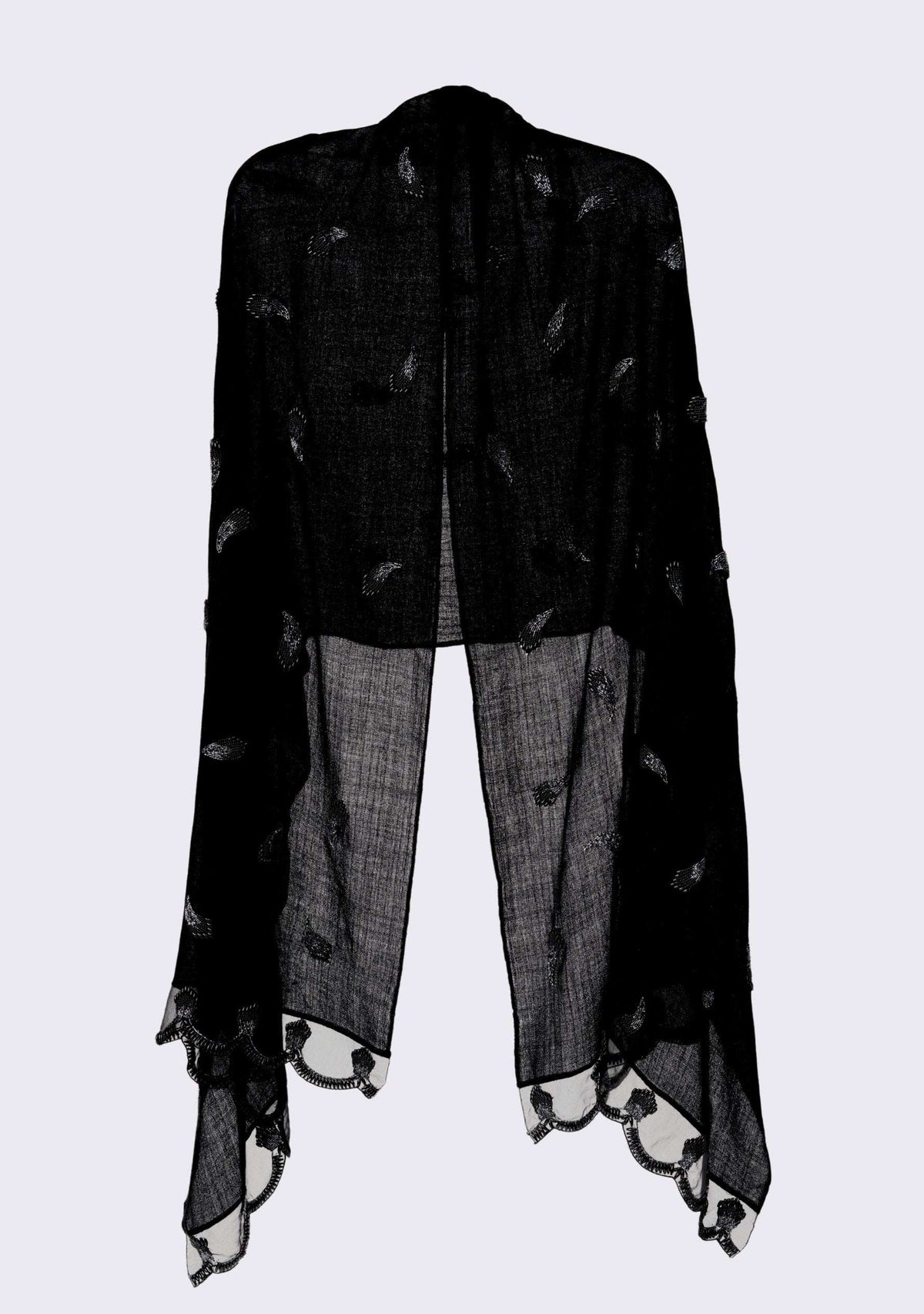 Maneesha Ruia black cashmere scarf with hand-beaded pearls and scalloped organza border, luxury designer scarf