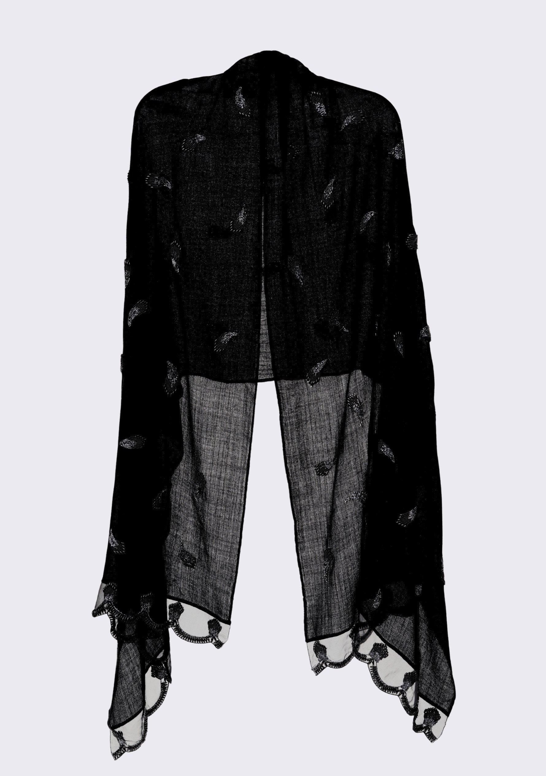 Maneesha Ruia black cashmere scarf with hand-beaded pearls and scalloped organza border, luxury designer scarf
