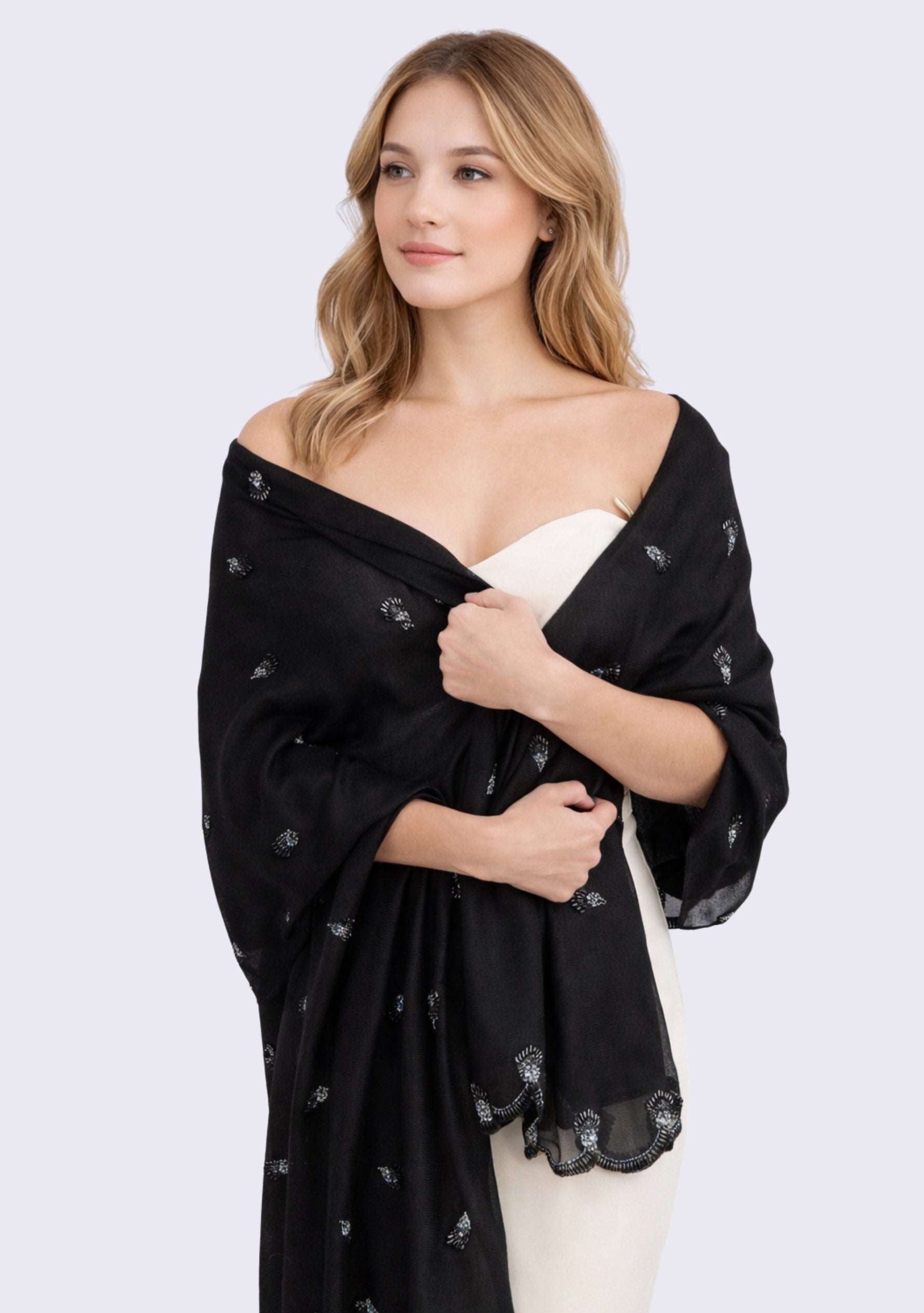 Maneesha Ruia black cashmere scarf with hand-beaded pearls and scalloped organza border, luxury designer scarf