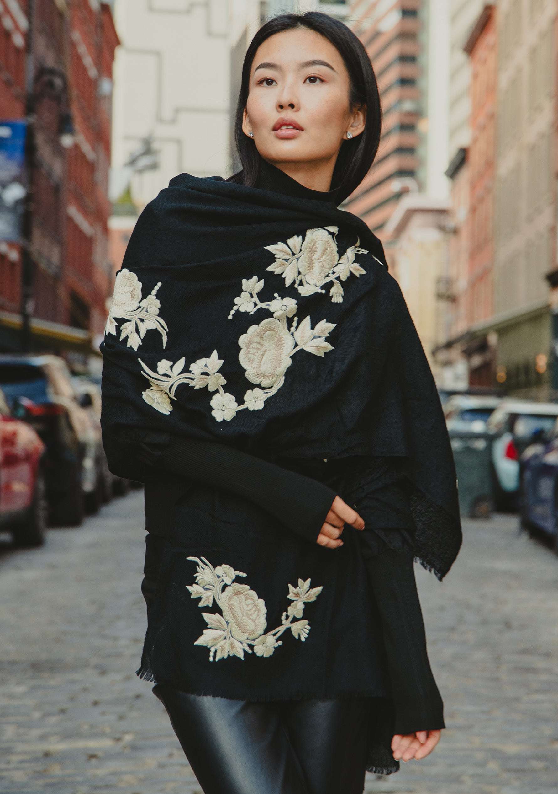 Black cashmere scarf with ivory and beige embroidery
