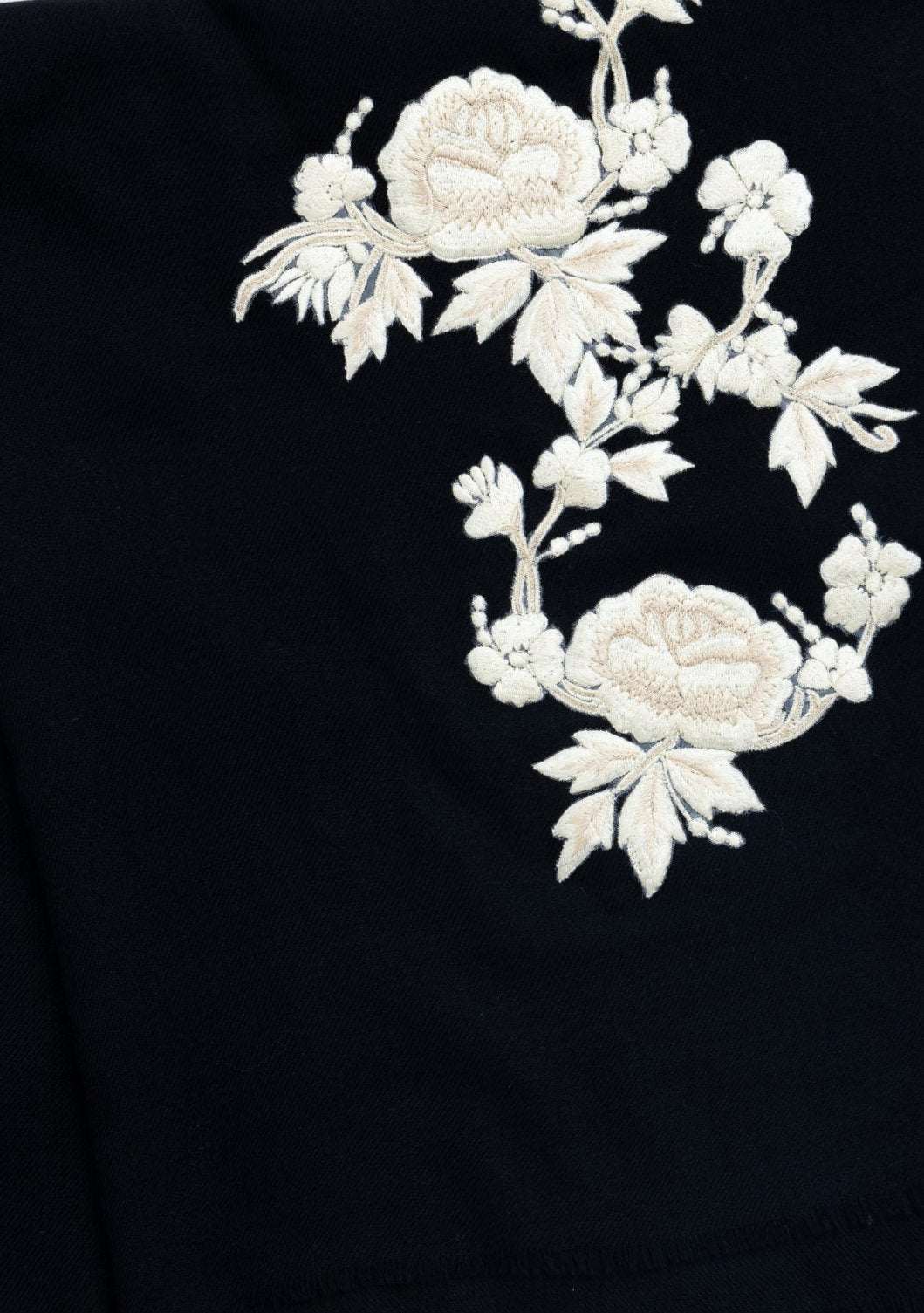 Black cashmere scarf with ivory and beige embroidery