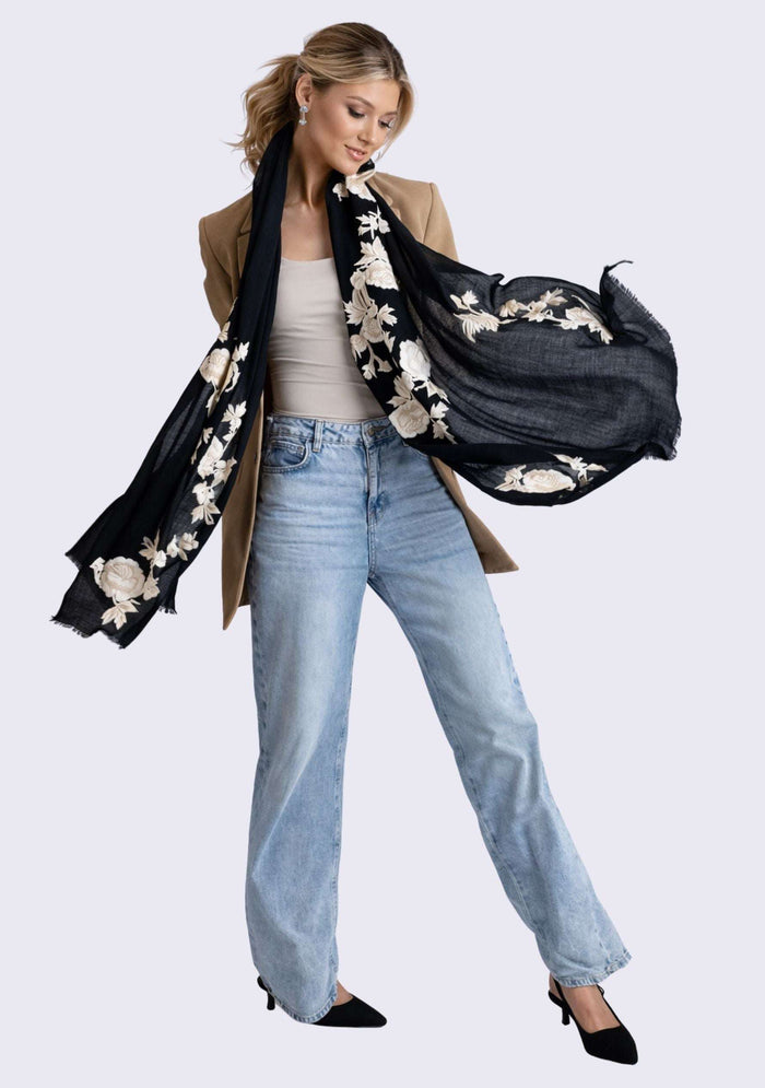 Black cashmere scarf with ivory and beige embroidery