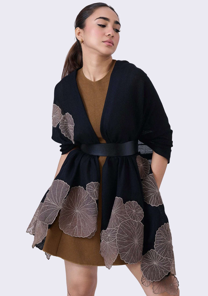 Maneesha Ruia Black Cashmere Scarf — cascading taupe lotus leaf appliqués on luxuriously soft cashmere