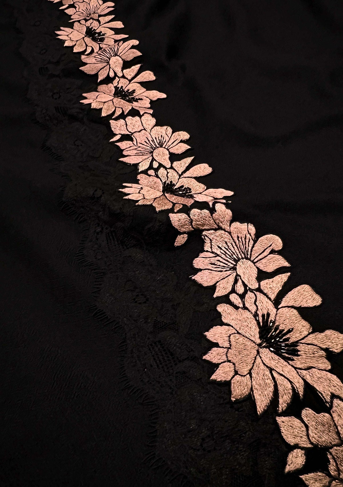 Black cashmere scarf with light copper embroidery and black lace