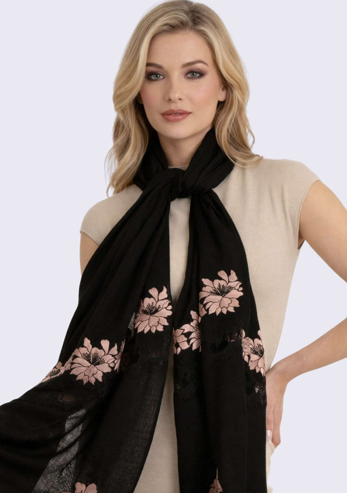 Black cashmere scarf with light copper embroidery and black lace