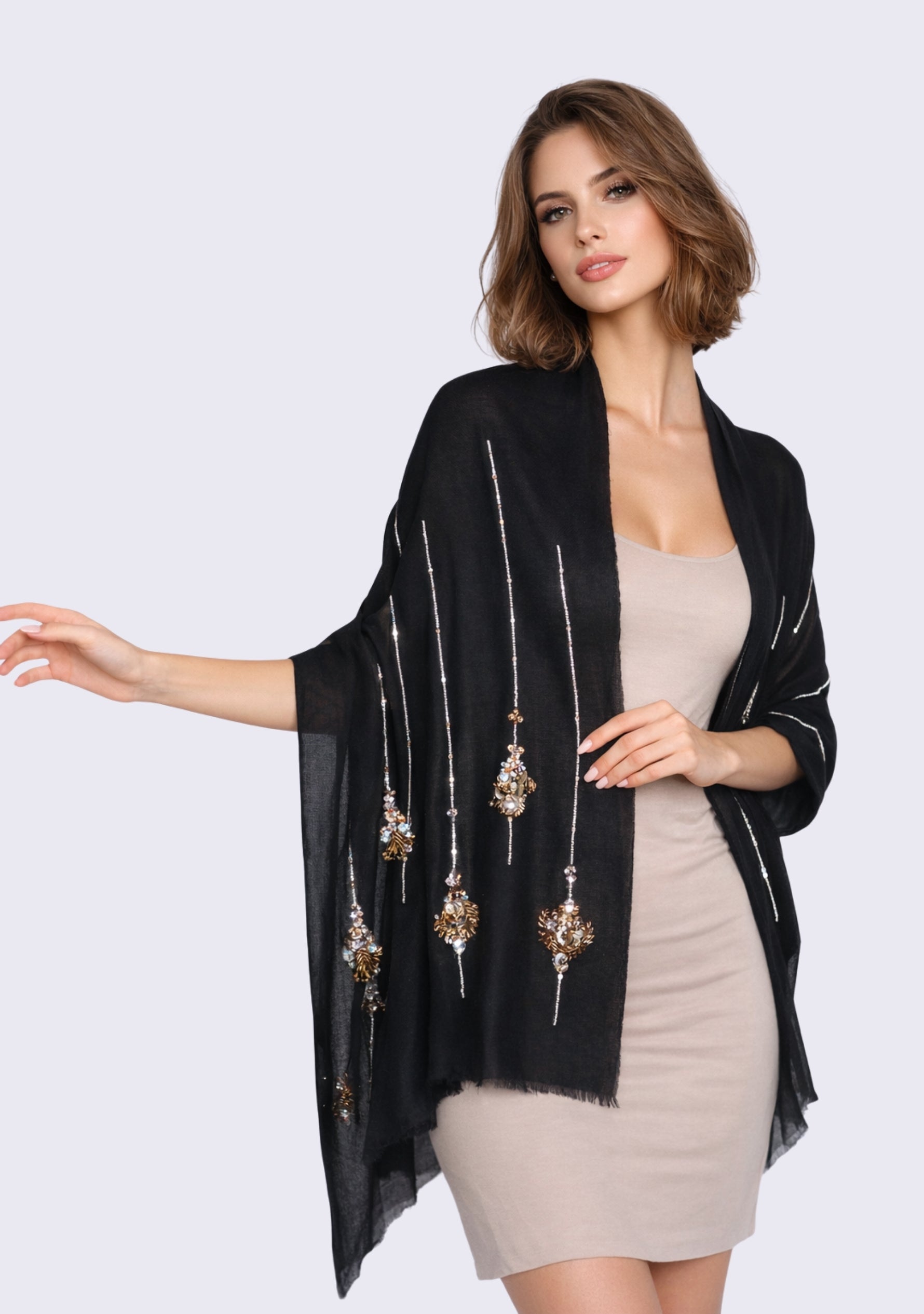 Black cashmere scarf with metallic bead embroidery