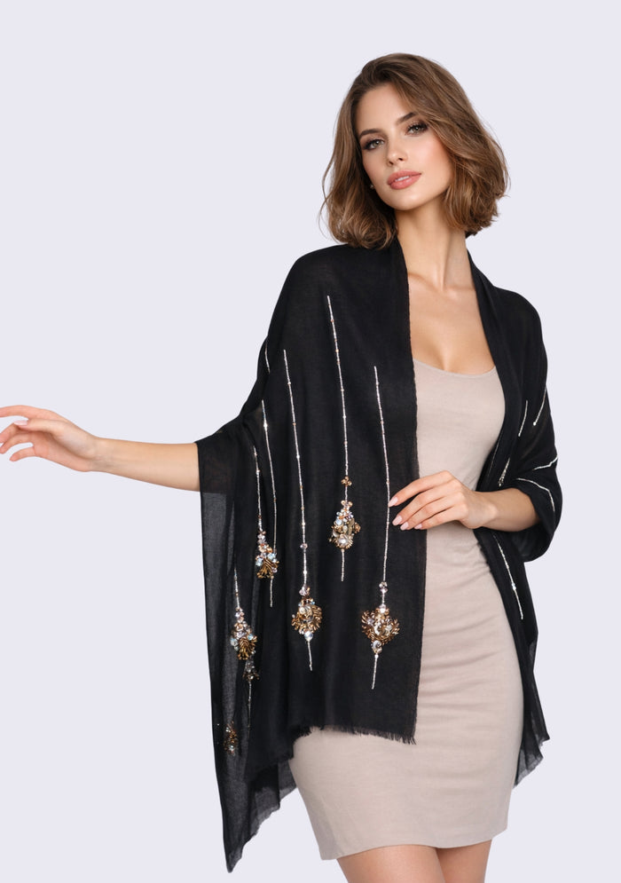 Black cashmere scarf with metallic bead embroidery
