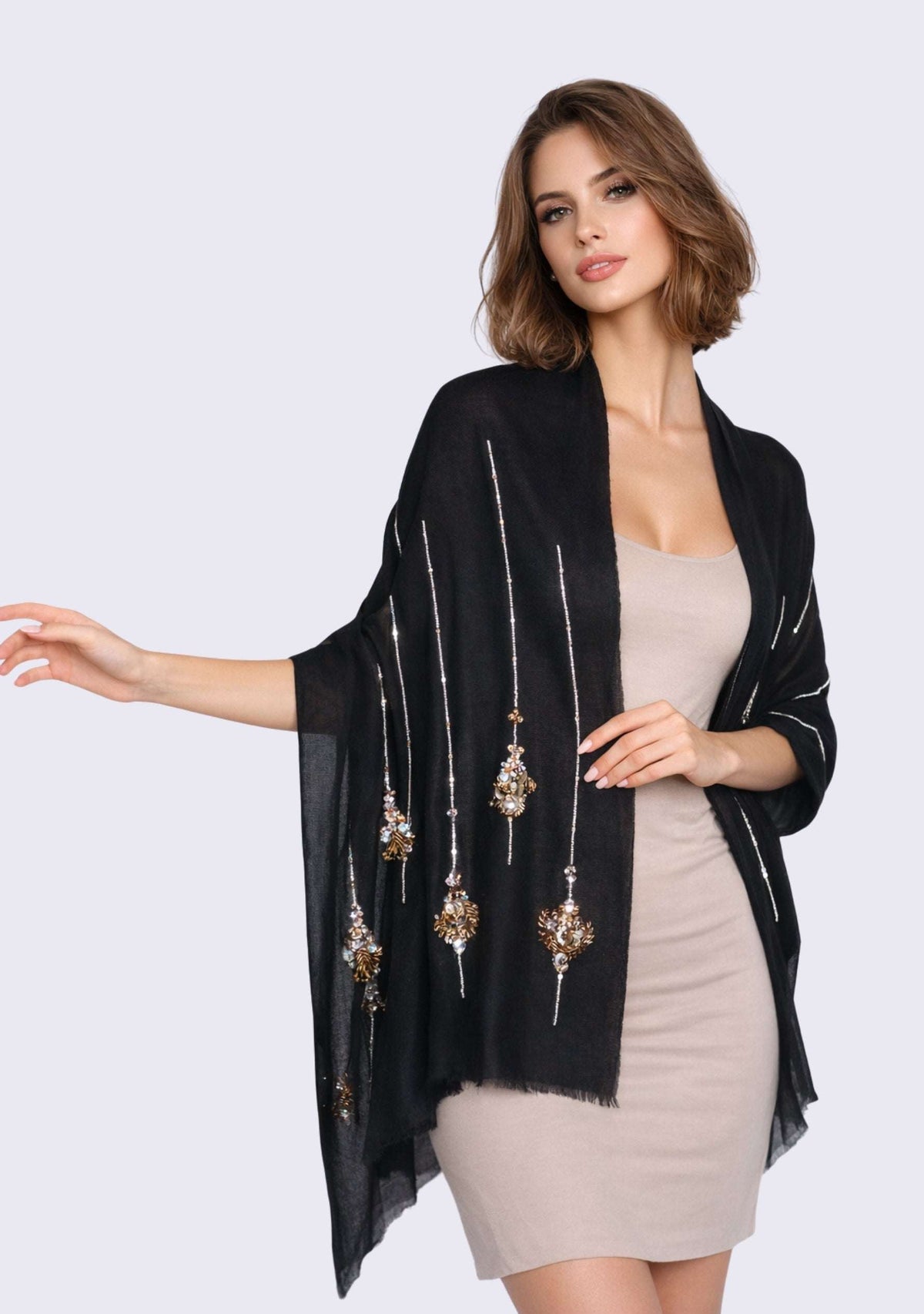 Black cashmere scarf with metallic bead embroidery