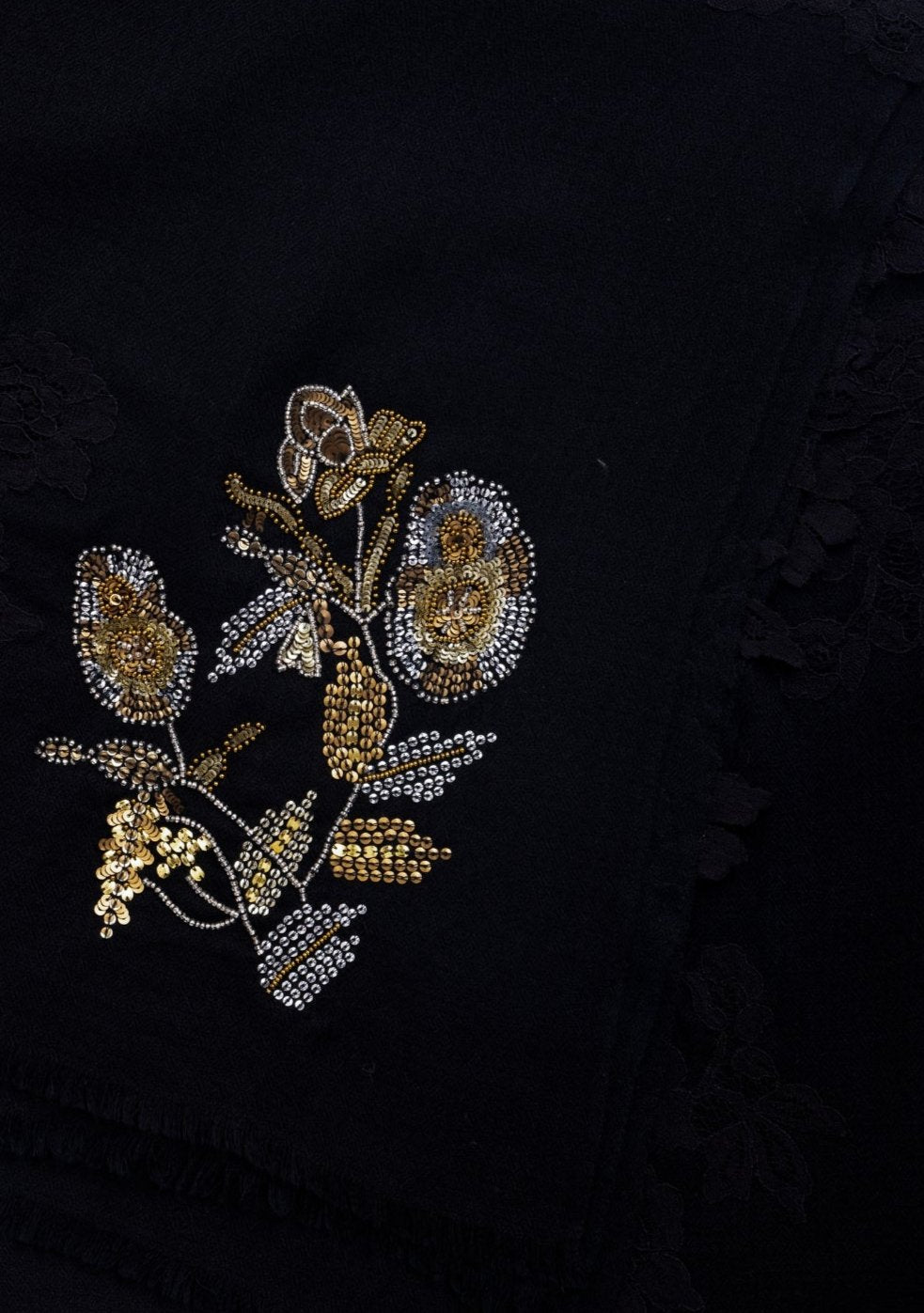 Black cashmere scarf with metallic hand-embroidery and black lace