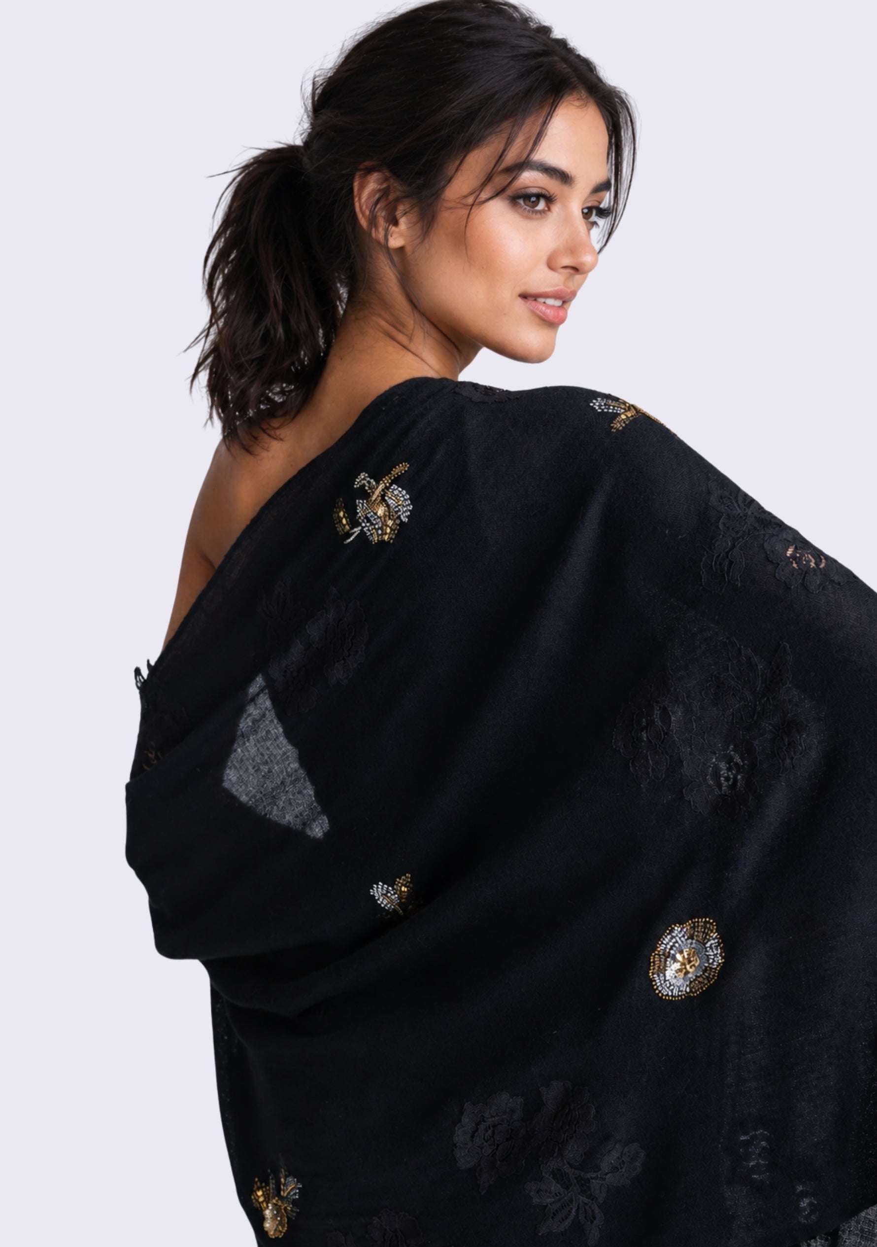 Black cashmere scarf with metallic hand-embroidery and black lace