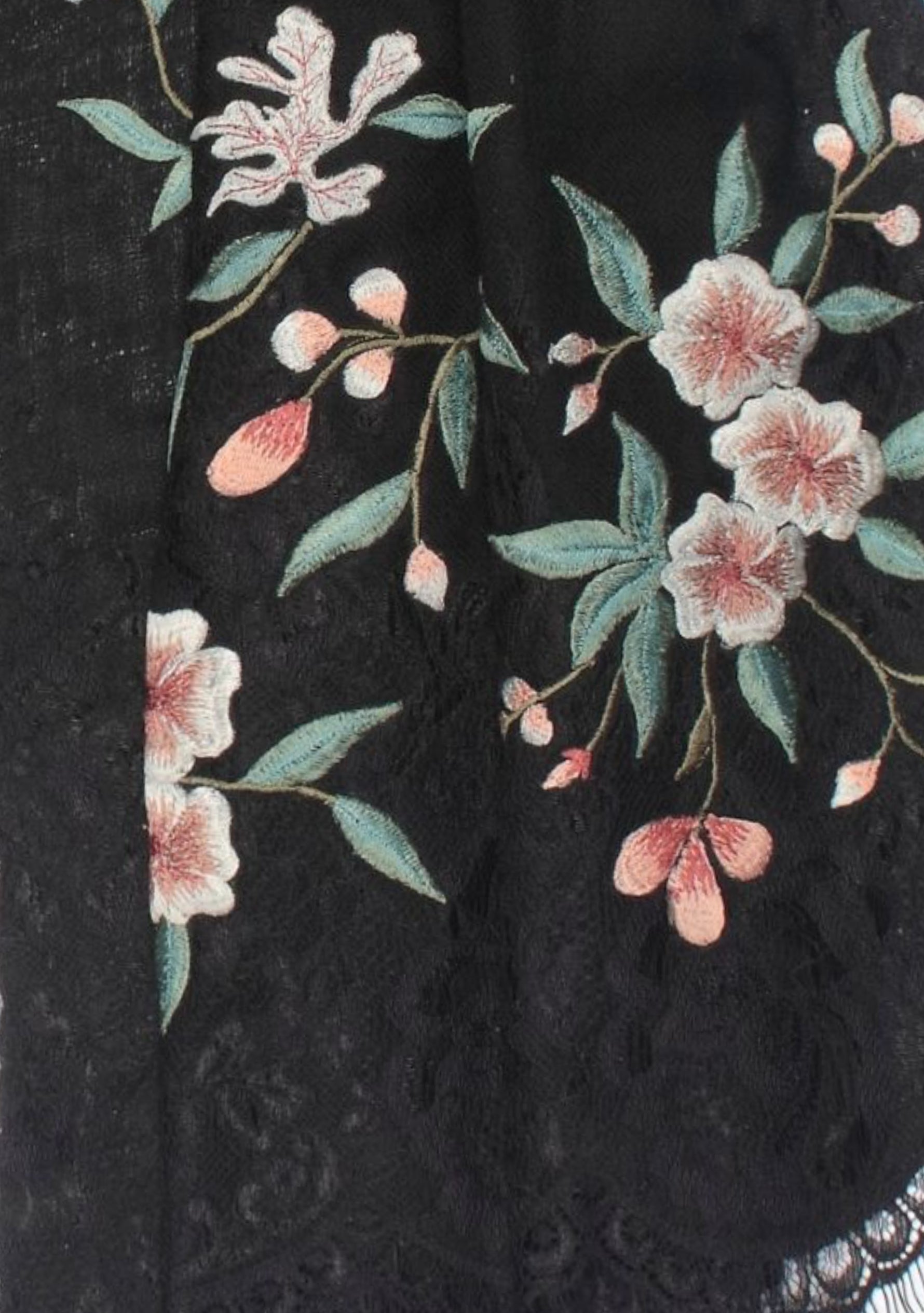 Black cashmere scarf with multi-colored embroidery and black lace
