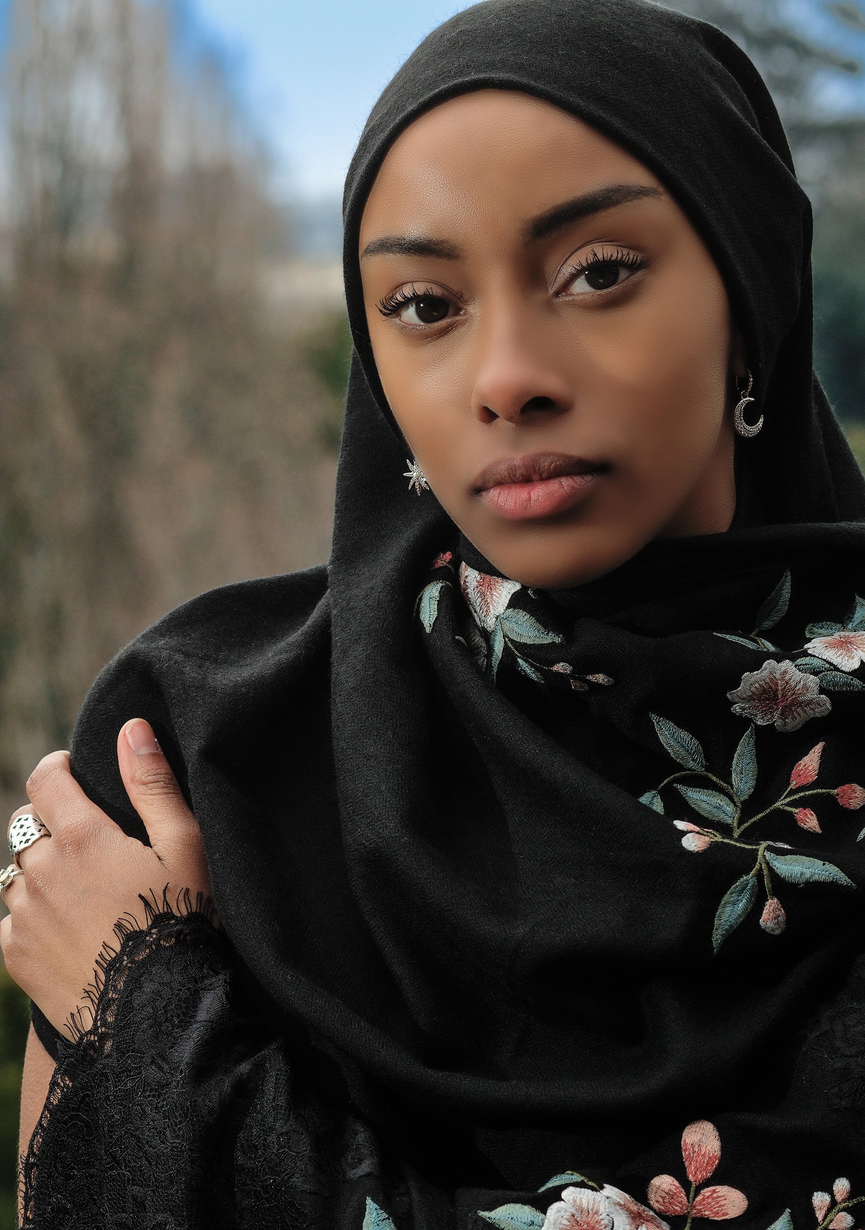 Maneesha Ruia black cashmere scarf with multi-colored embroidery and black lace