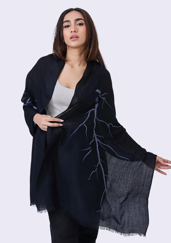 Black cashmere scarf with steel gray embroidery