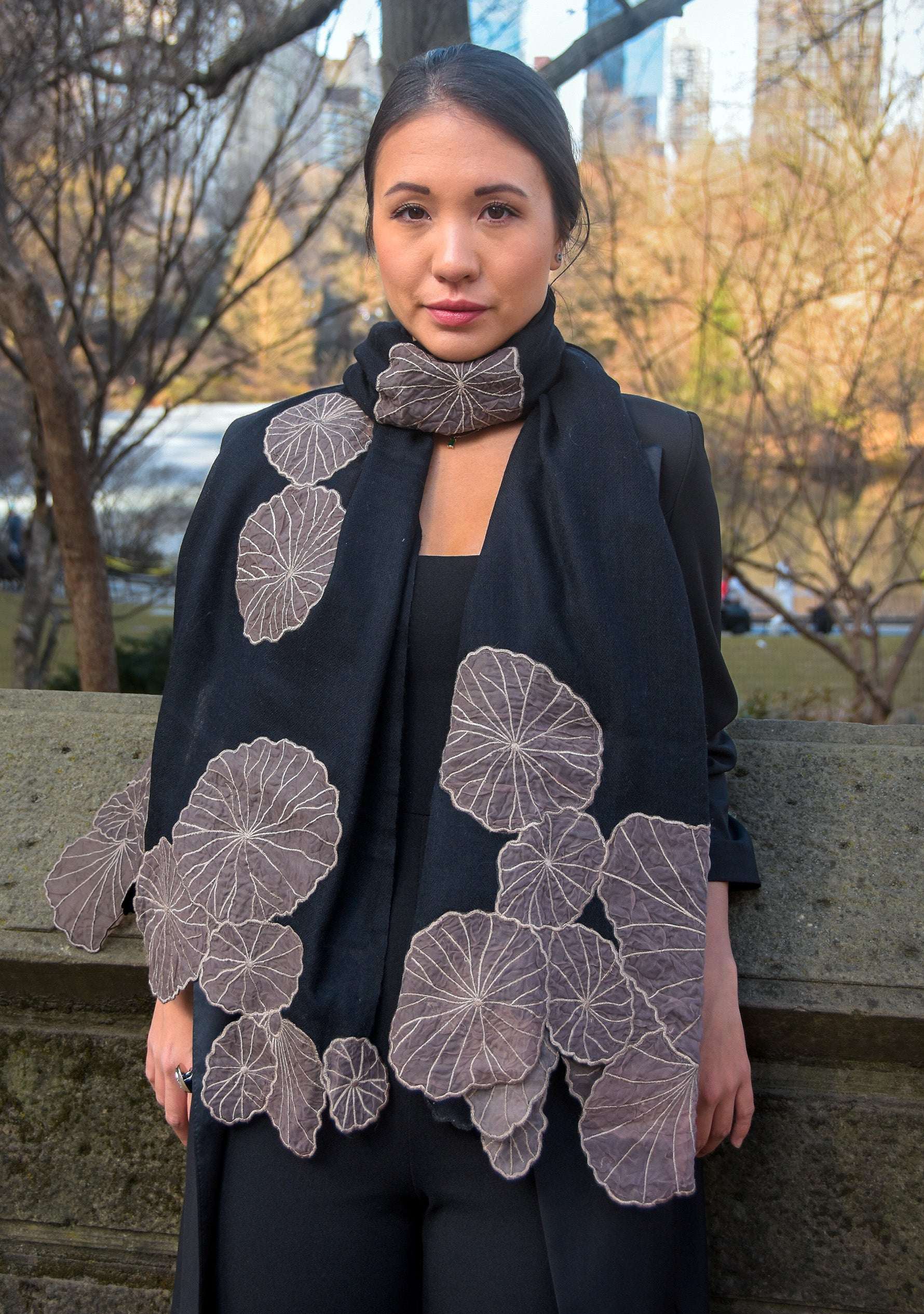 Black cashmere scarf with taupe lotus leaf appliques