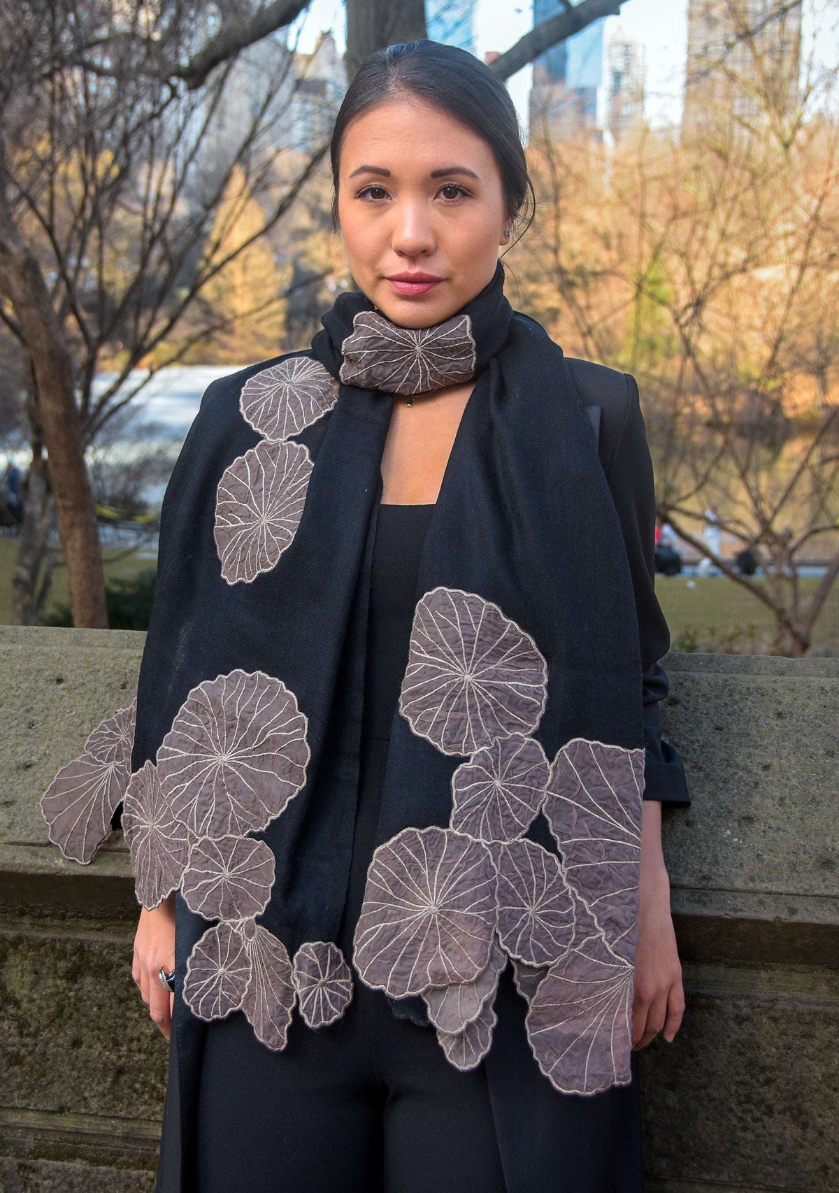 Black cashmere scarf with taupe lotus leaf appliques