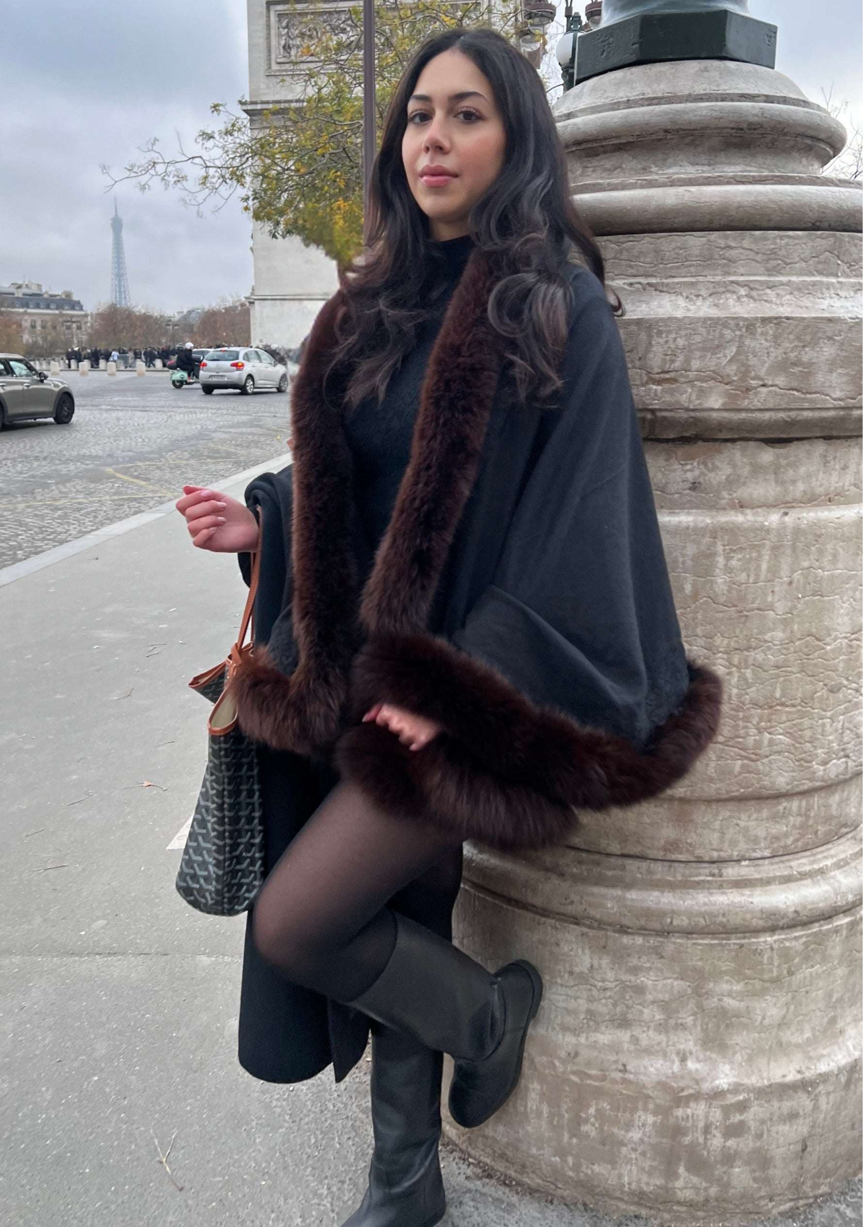 Black cashmere wrap with brown, fox fur, and black floral lace luxury designer wrap for women