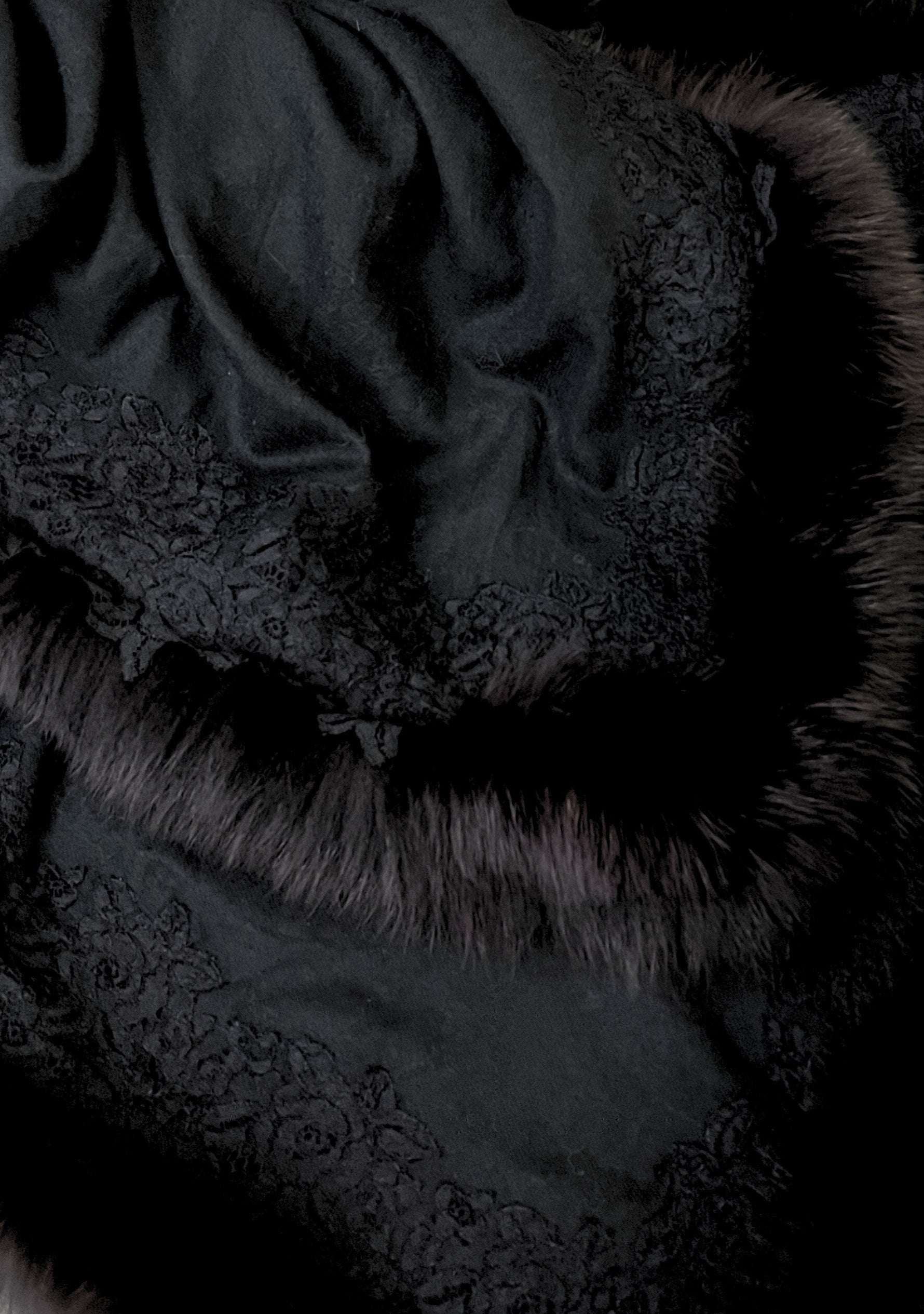 Black cashmere wrap with brown, fox fur, and black floral lace luxury designer wrap for women