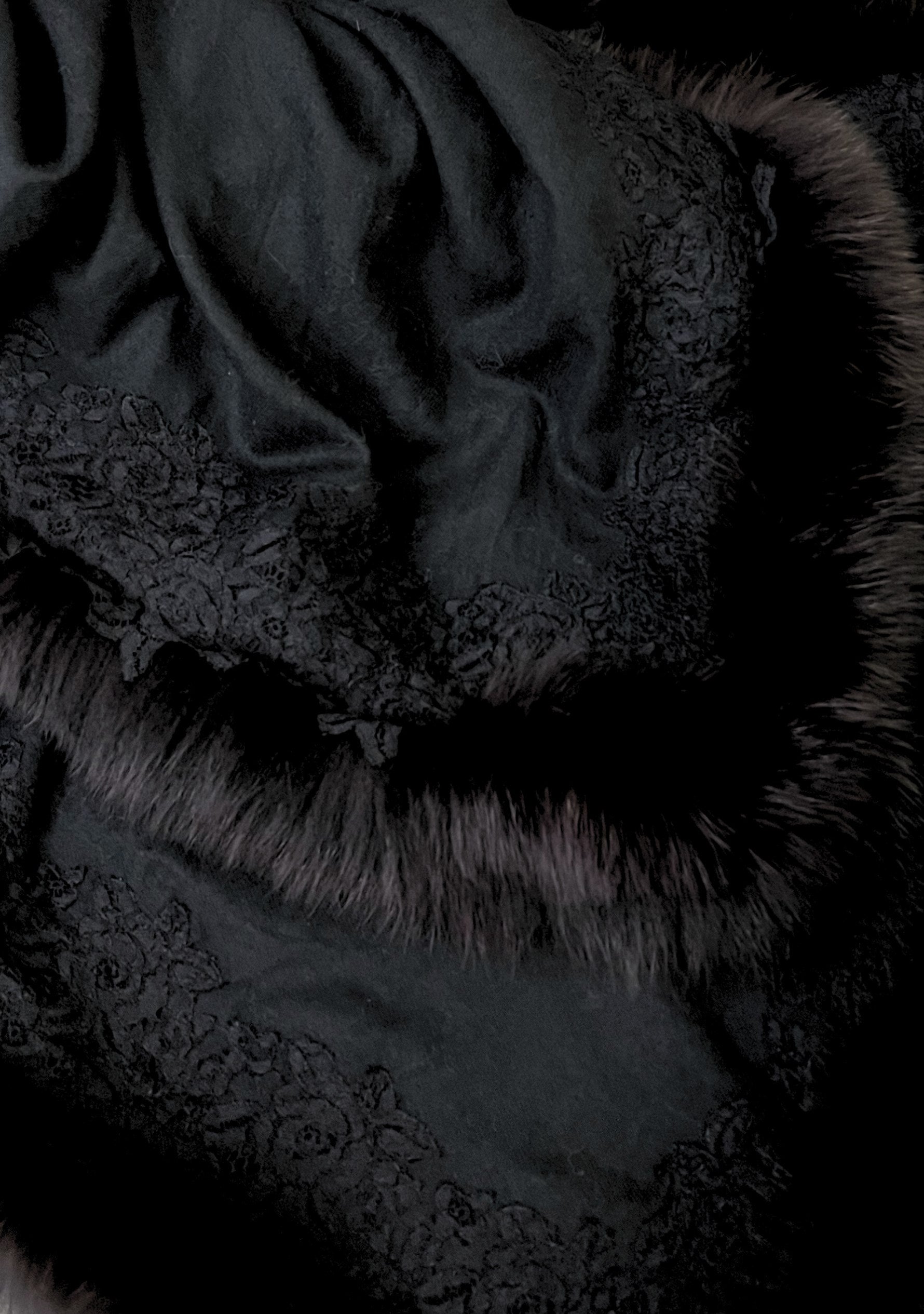 Black cashmere wrap with brown, fox fur and black floral lace