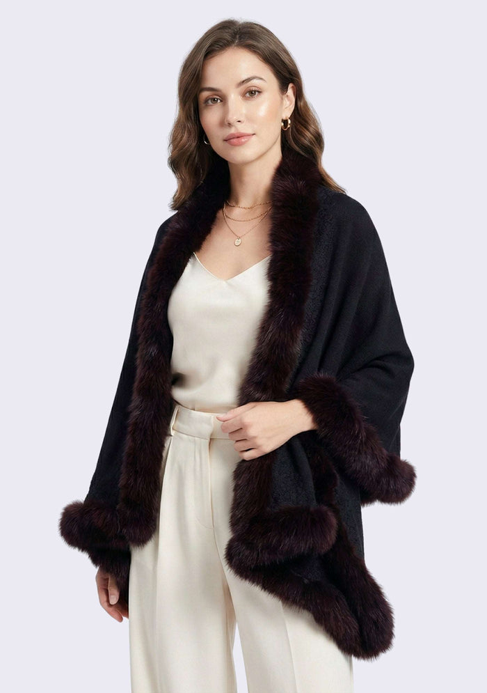 Black cashmere wrap with brown, fox fur, and black floral lace luxury designer wrap for women