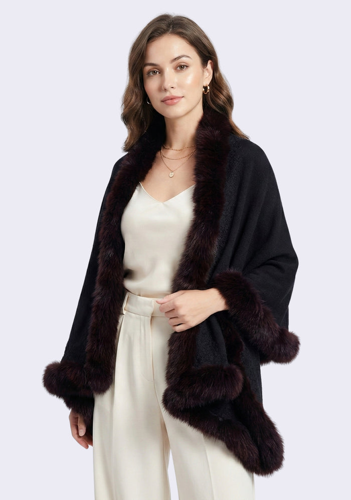 Black cashmere wrap with brown, fox fur and black floral lace