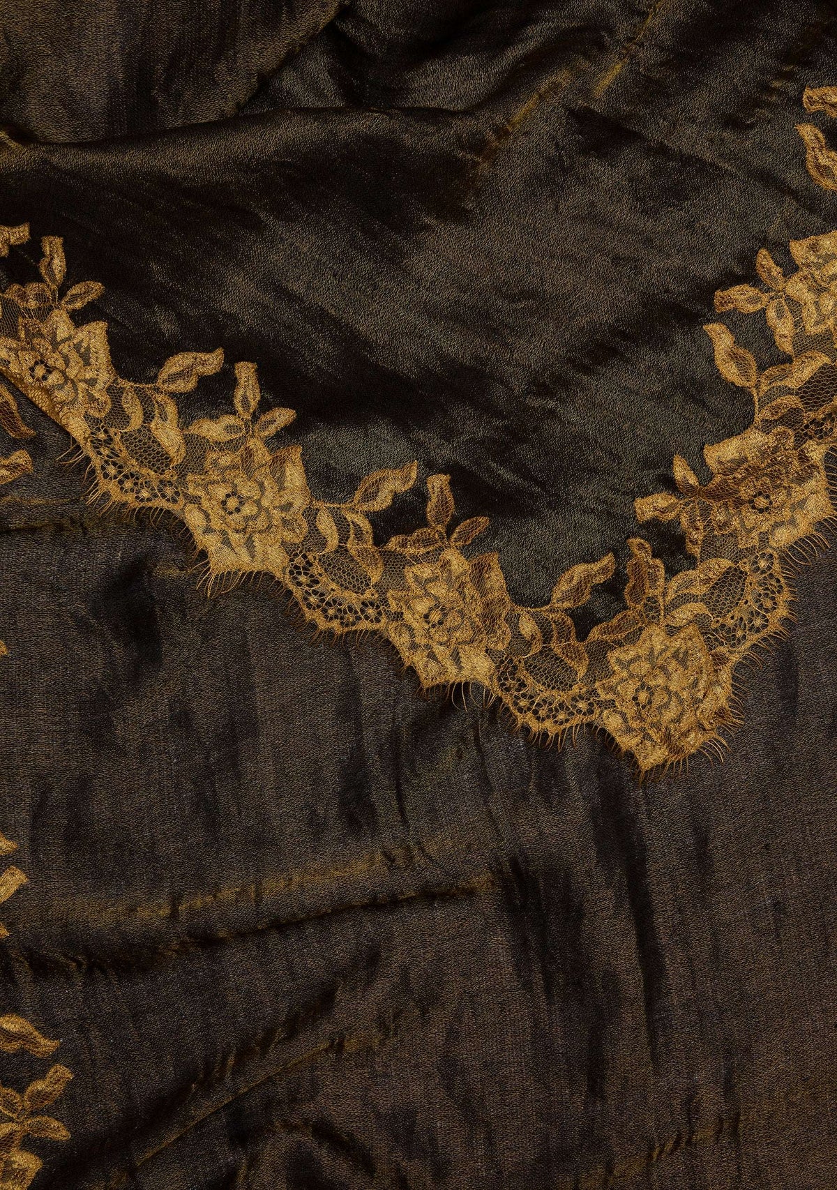 Black-gold wool and silk reversible scarf with light gold floral lace