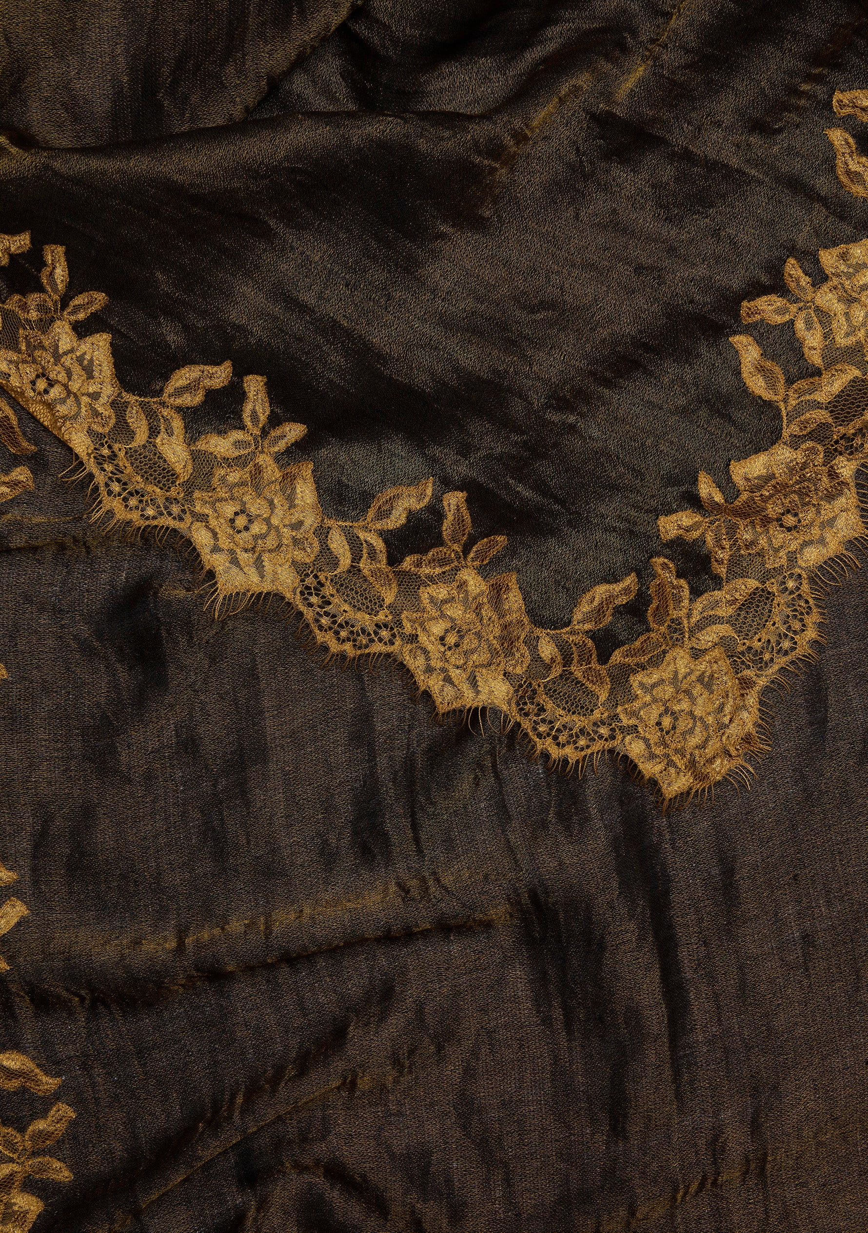 Black-gold wool and silk reversible scarf with light gold floral lace