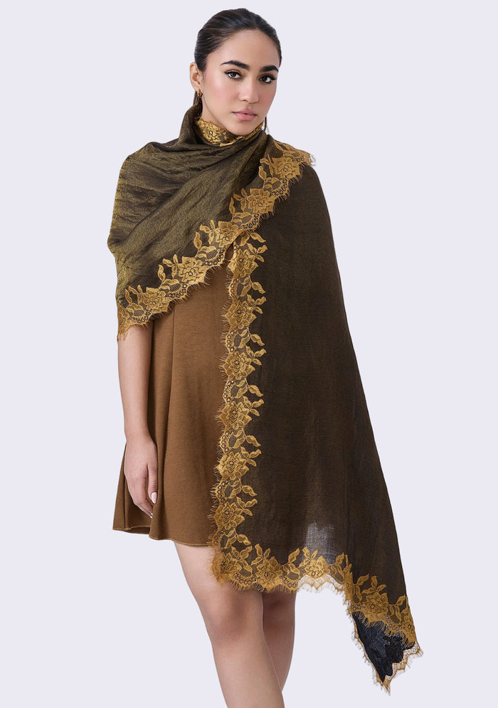 Maneesha Ruia Black Gold Reversible Wool Silk Scarf — light gold floral lace border with reversible design