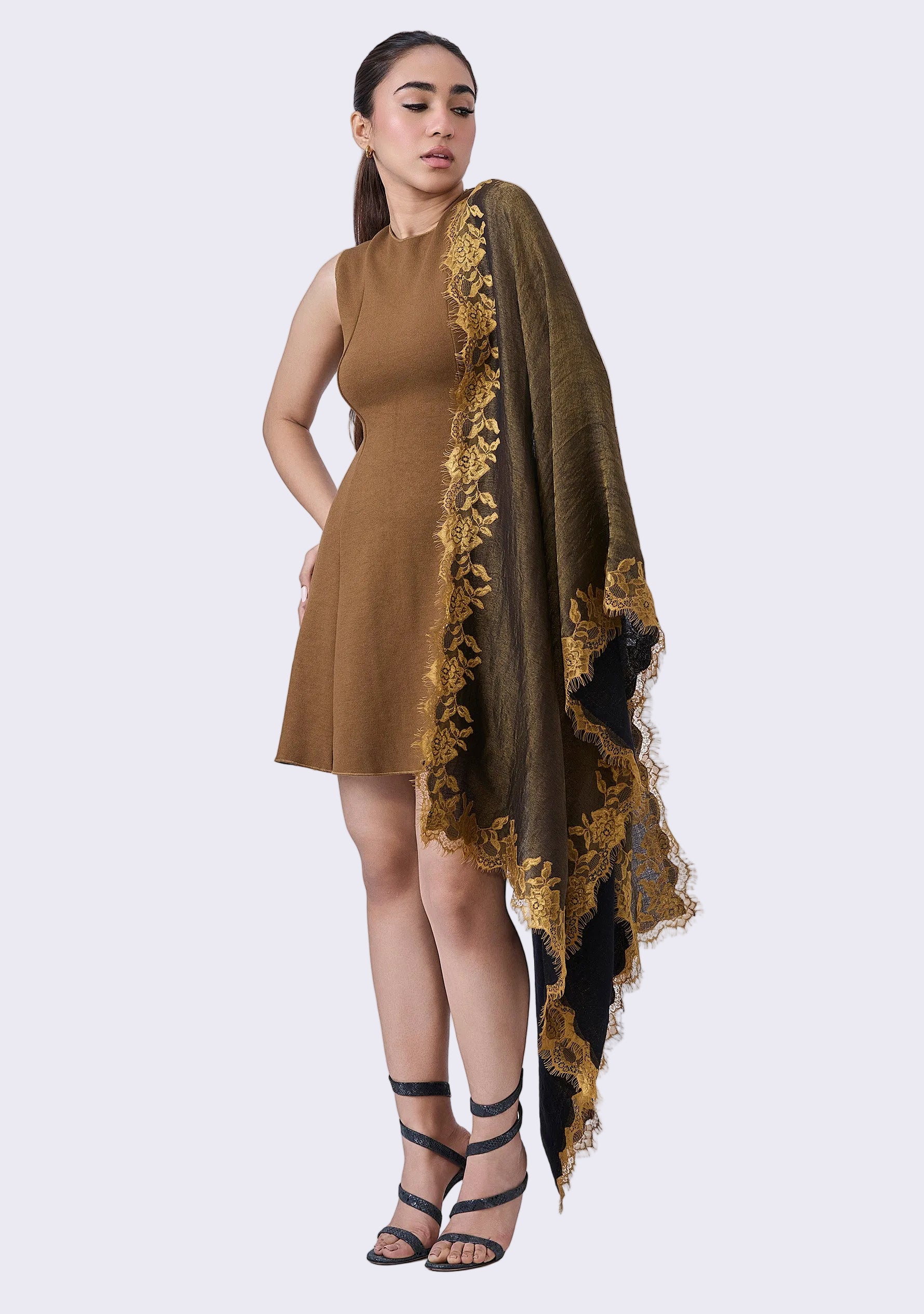 Maneesha Ruia Black Gold Reversible Wool Silk Scarf — light gold floral lace border with reversible design