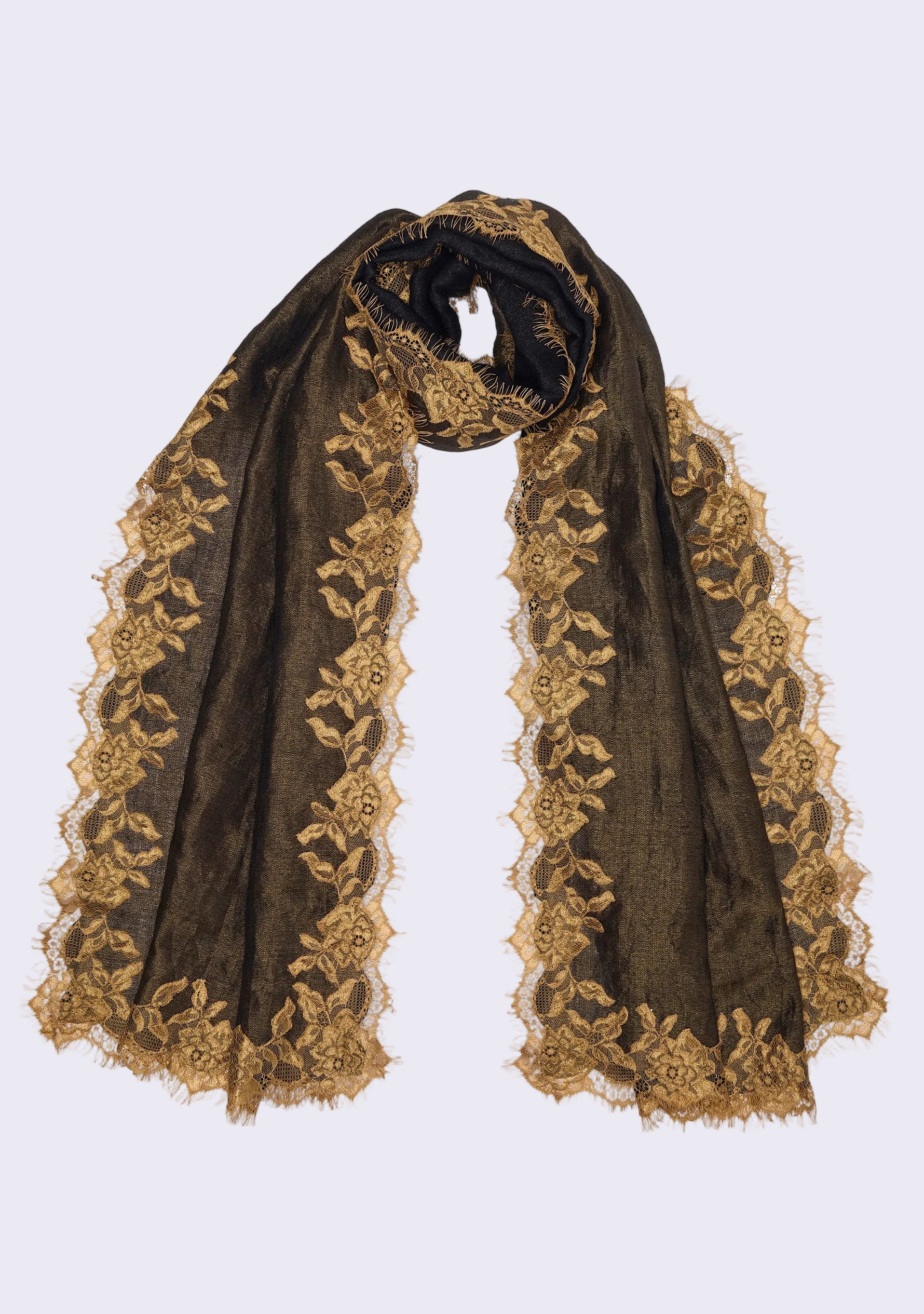 Maneesha Ruia Black Gold Reversible Wool Silk Scarf — light gold floral lace border with reversible design