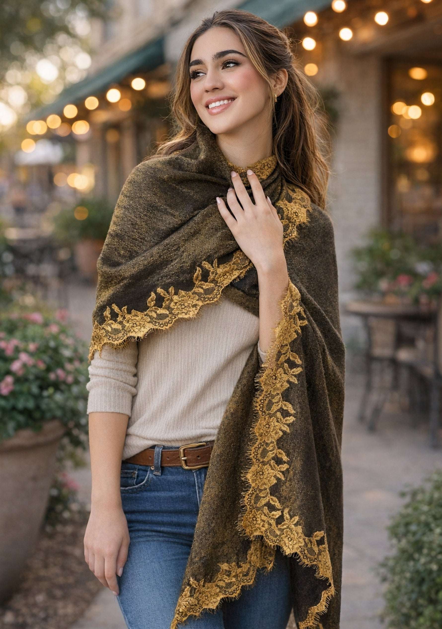 Black-gold wool and silk reversible scarf with light gold floral lace