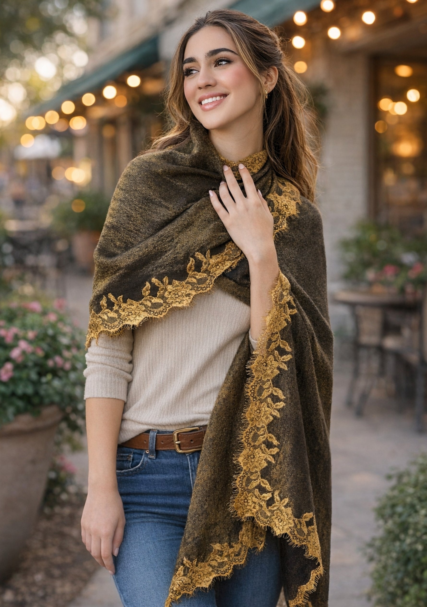 Black-gold wool and silk reversible scarf with light gold floral lace
