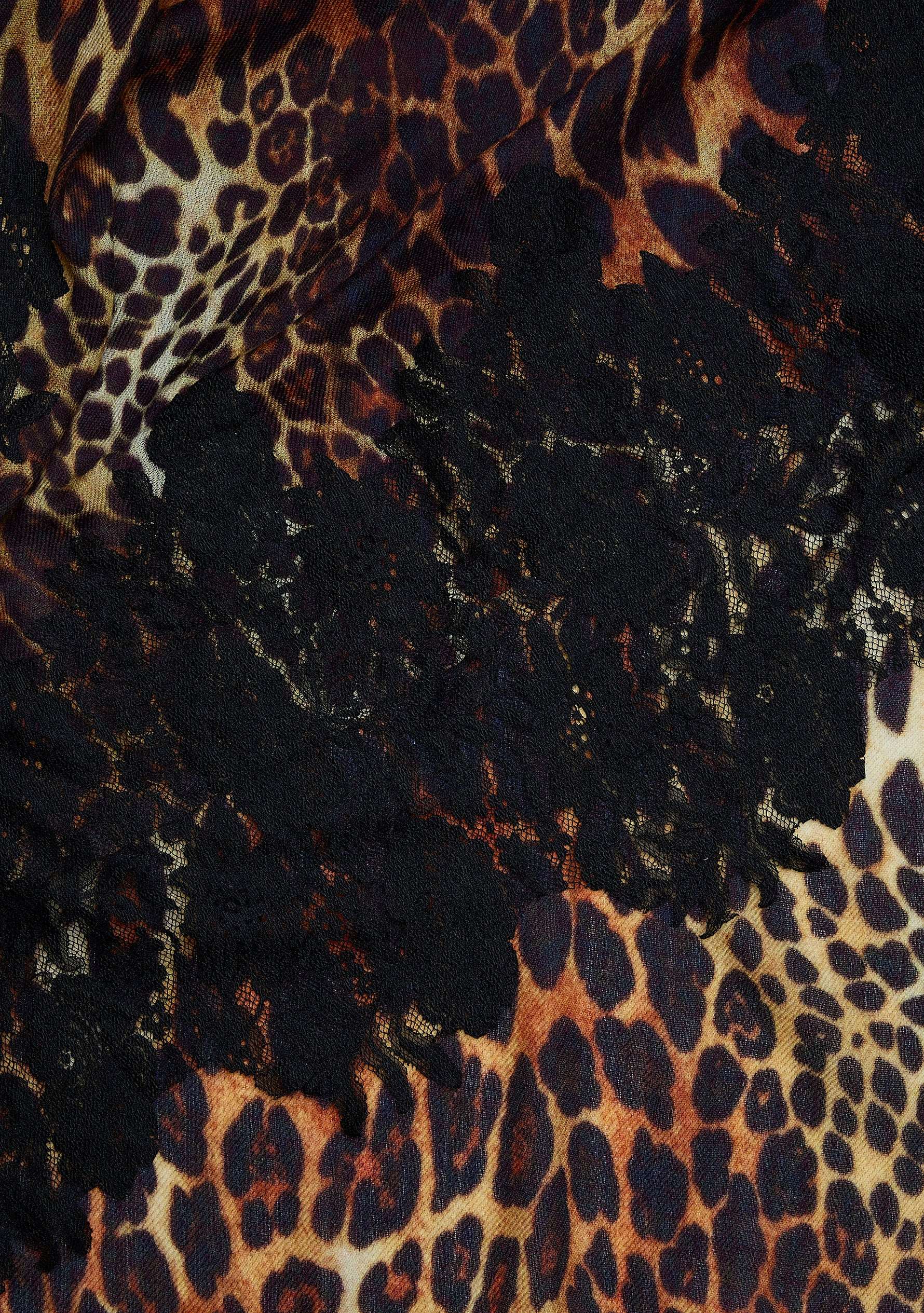 Black leopard print wool and silk scarf with black lace