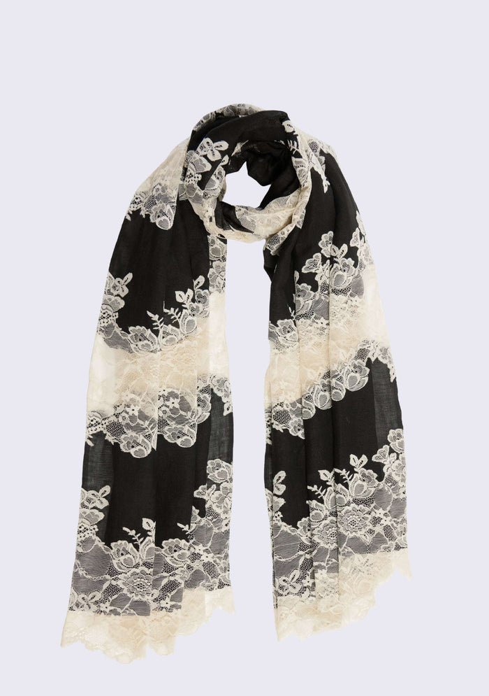 Black linen and modal scarf with beige lace panels