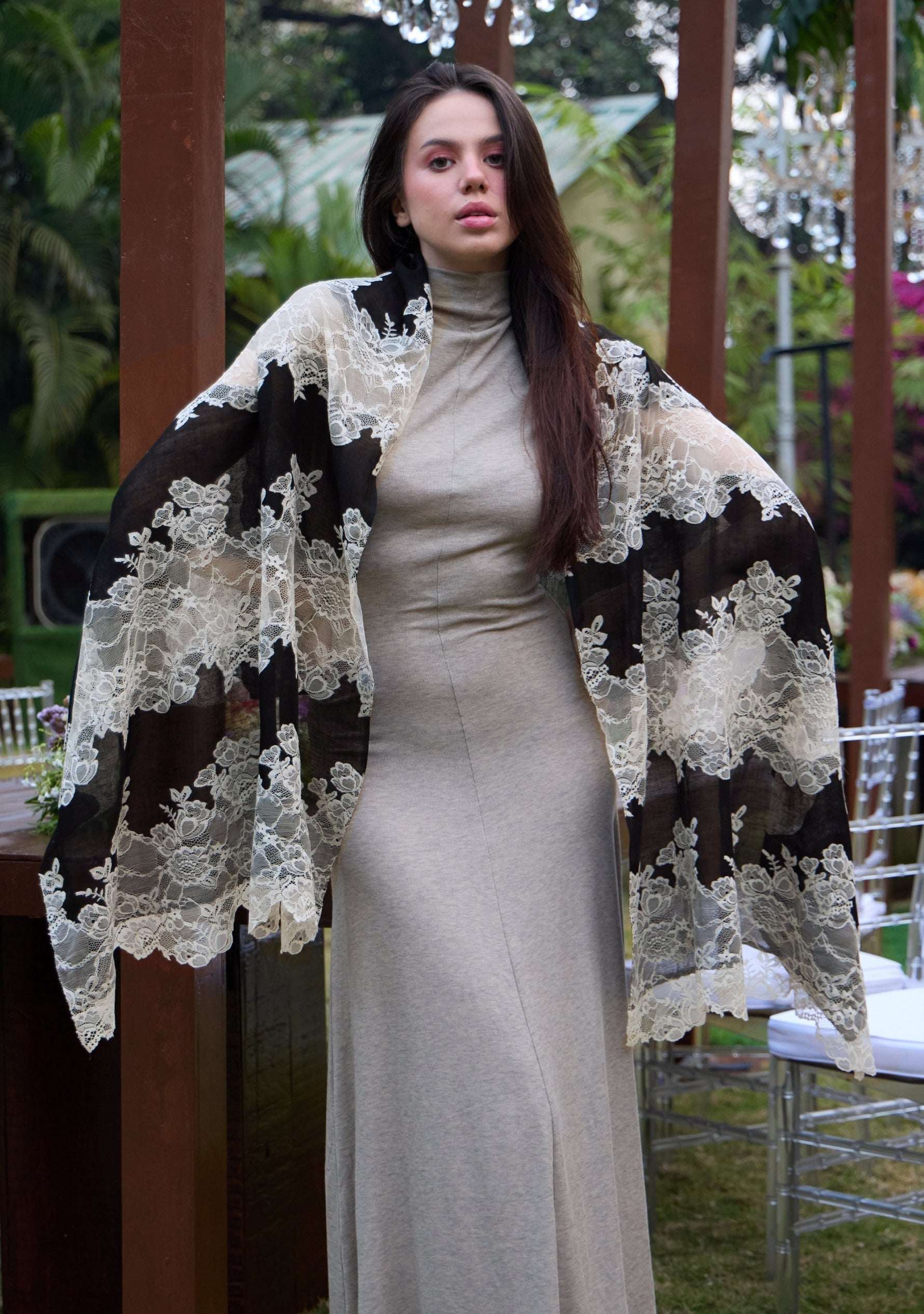 Black linen and modal scarf with beige lace panels
