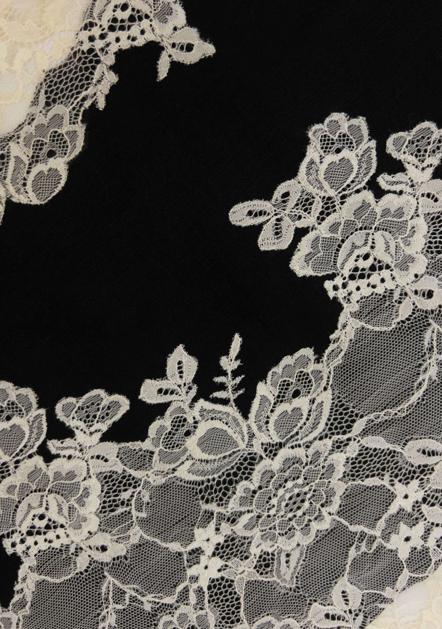 Black linen and modal scarf with beige lace panels