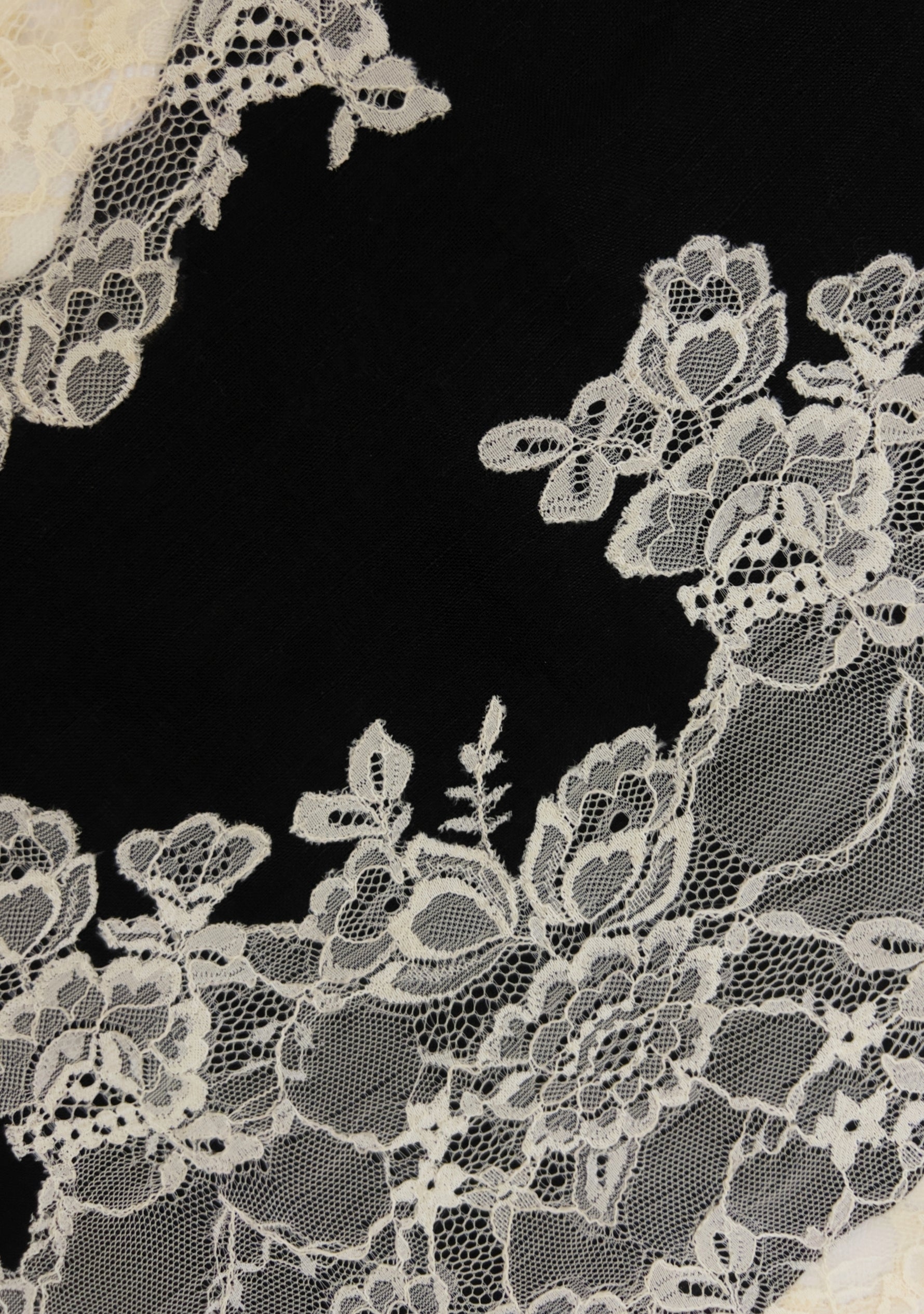 Black linen and modal scarf with beige lace panels