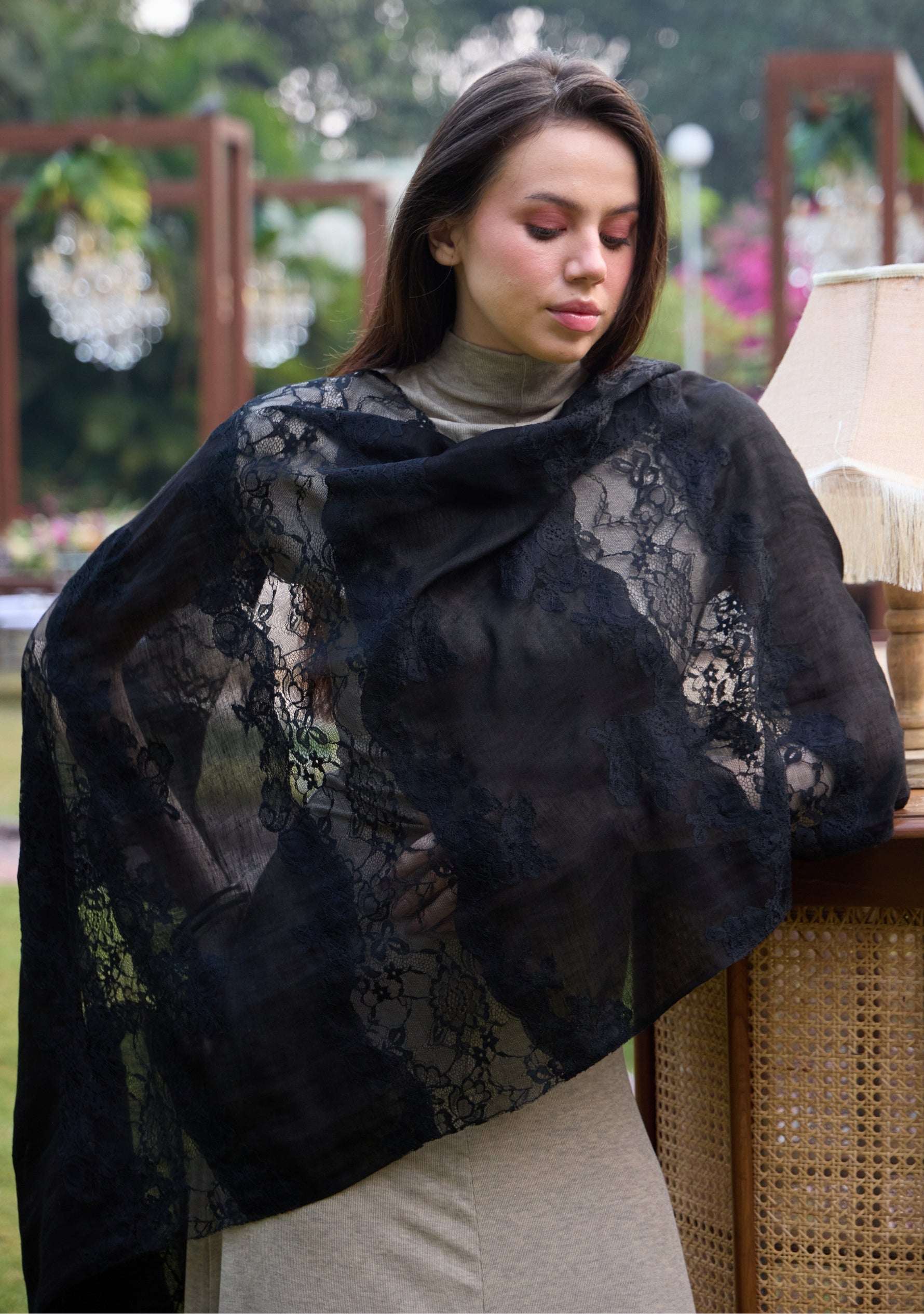 Maneesha Ruia black linen modal scarf with black lace panels, luxury lightweight designer scarf for women