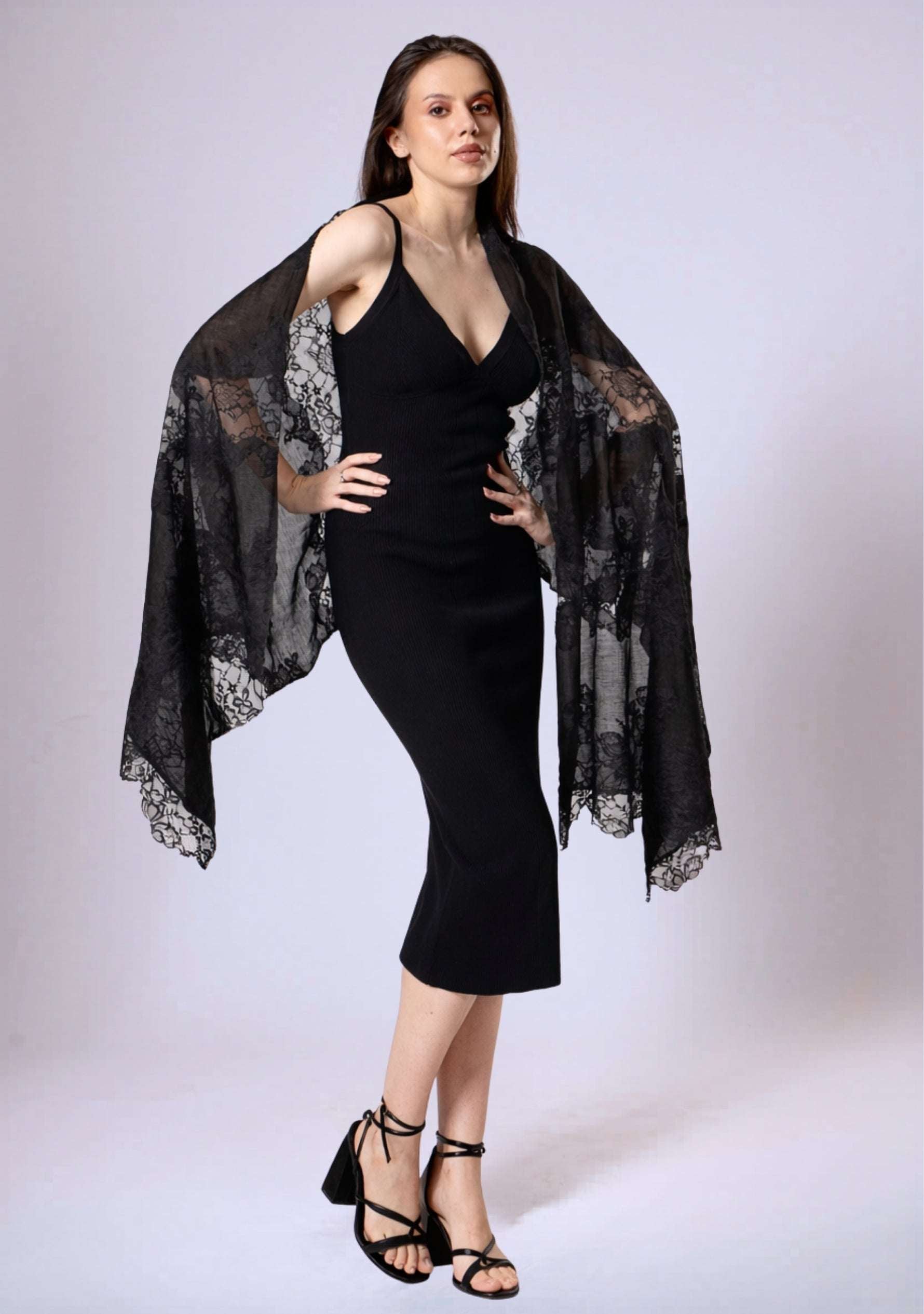 Maneesha Ruia black linen modal scarf with black lace panels, luxury lightweight designer scarf for women