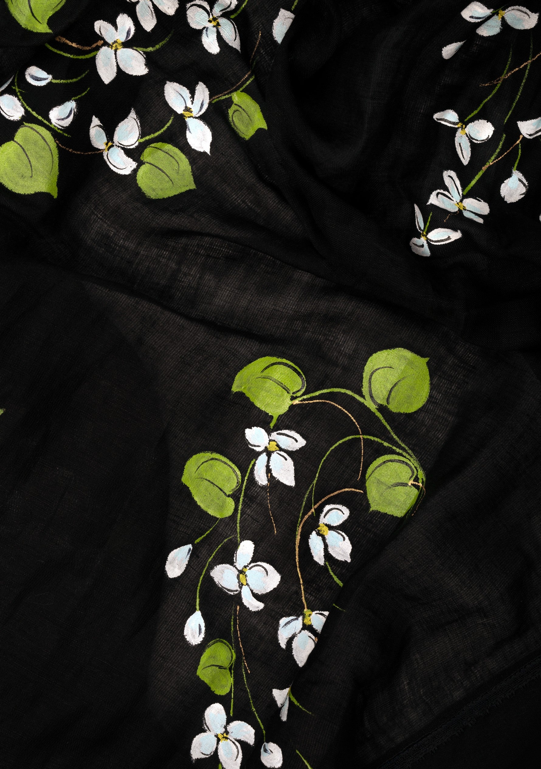Black linen and modal scarf with hand-painted, frill and lace