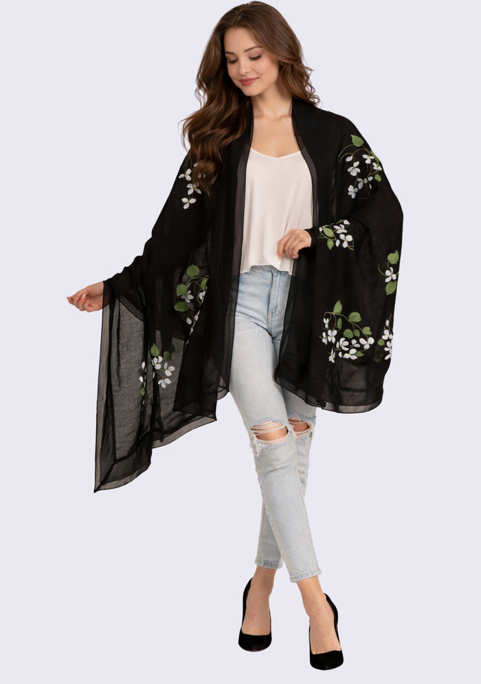 Black linen and modal scarf with hand-painted, frill and lace