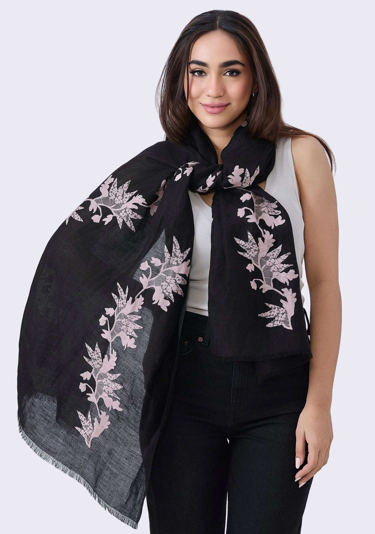 Maneesha Ruia Black Linen Modal Scarf — light copper floral lace appliqué on a soft, breathable linen-modal blend