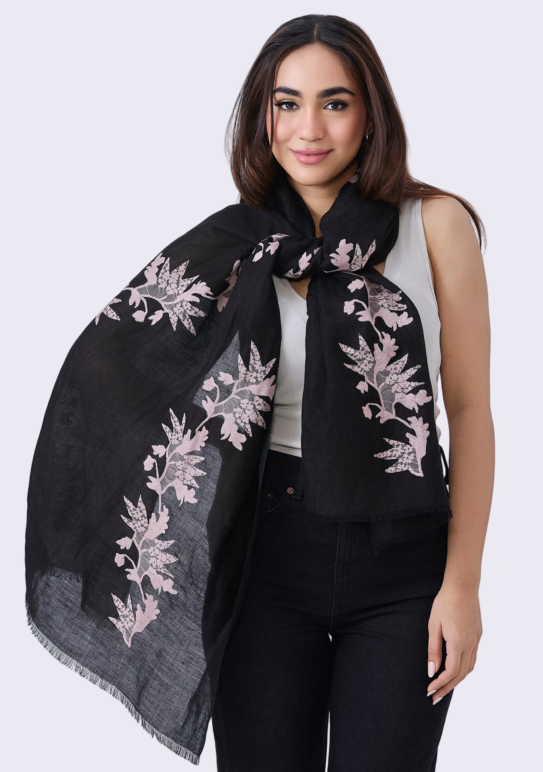 Maneesha Ruia Black Linen Modal Scarf — light copper floral lace appliqué on a soft, breathable linen-modal blend