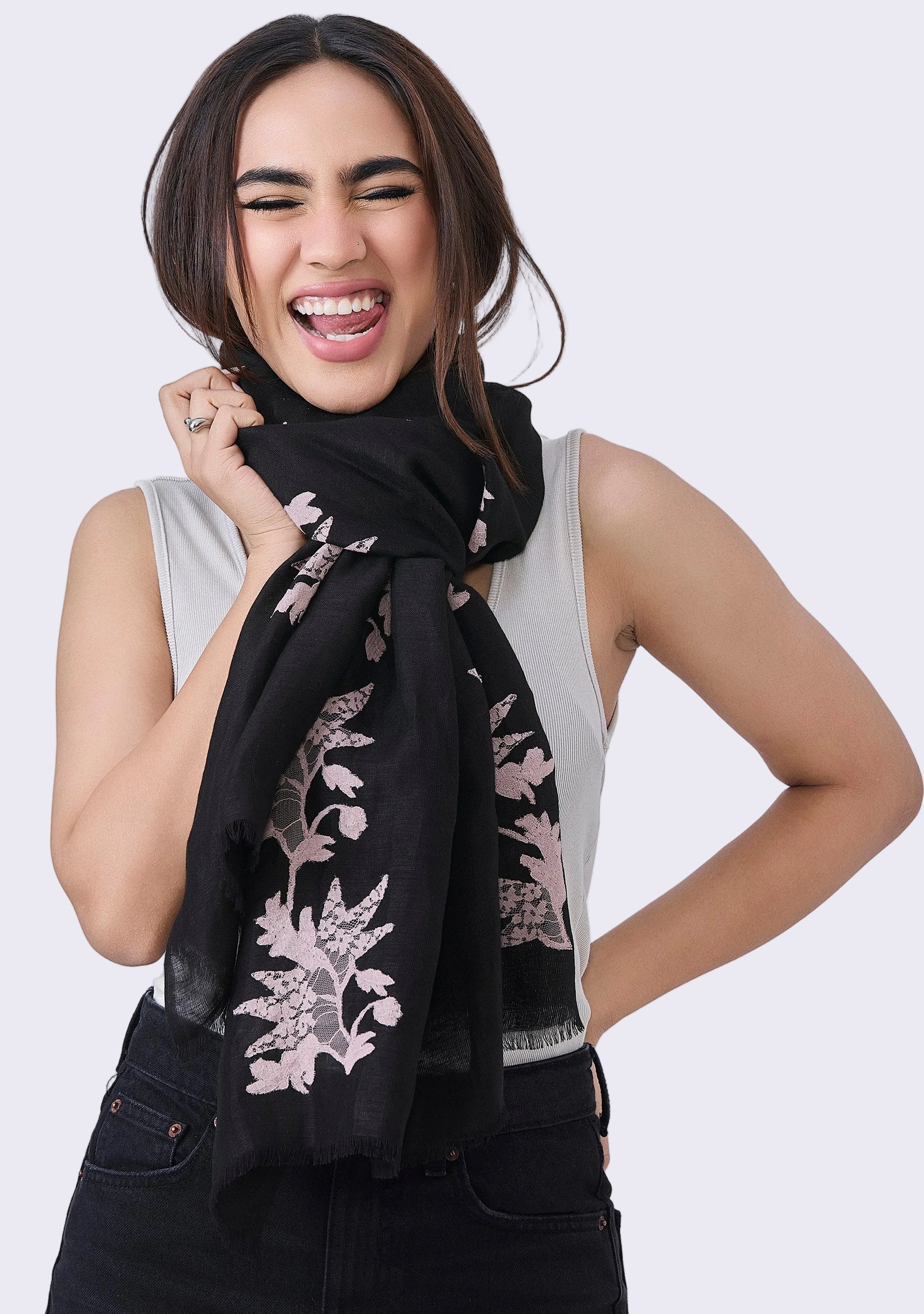 Black linen and modal scarf with light copper lace