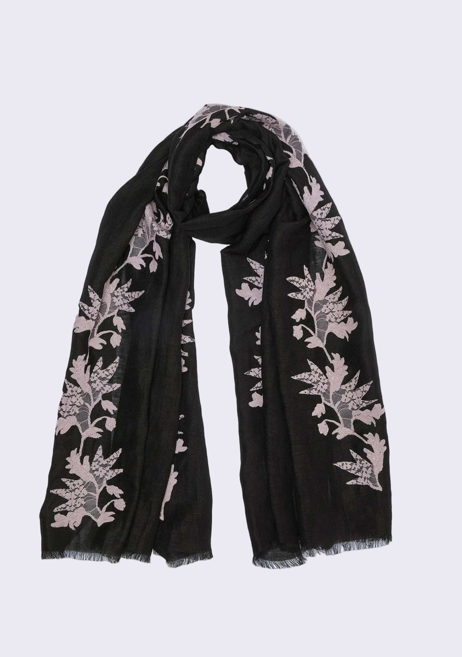 Black scarf with floral patterns on a white background