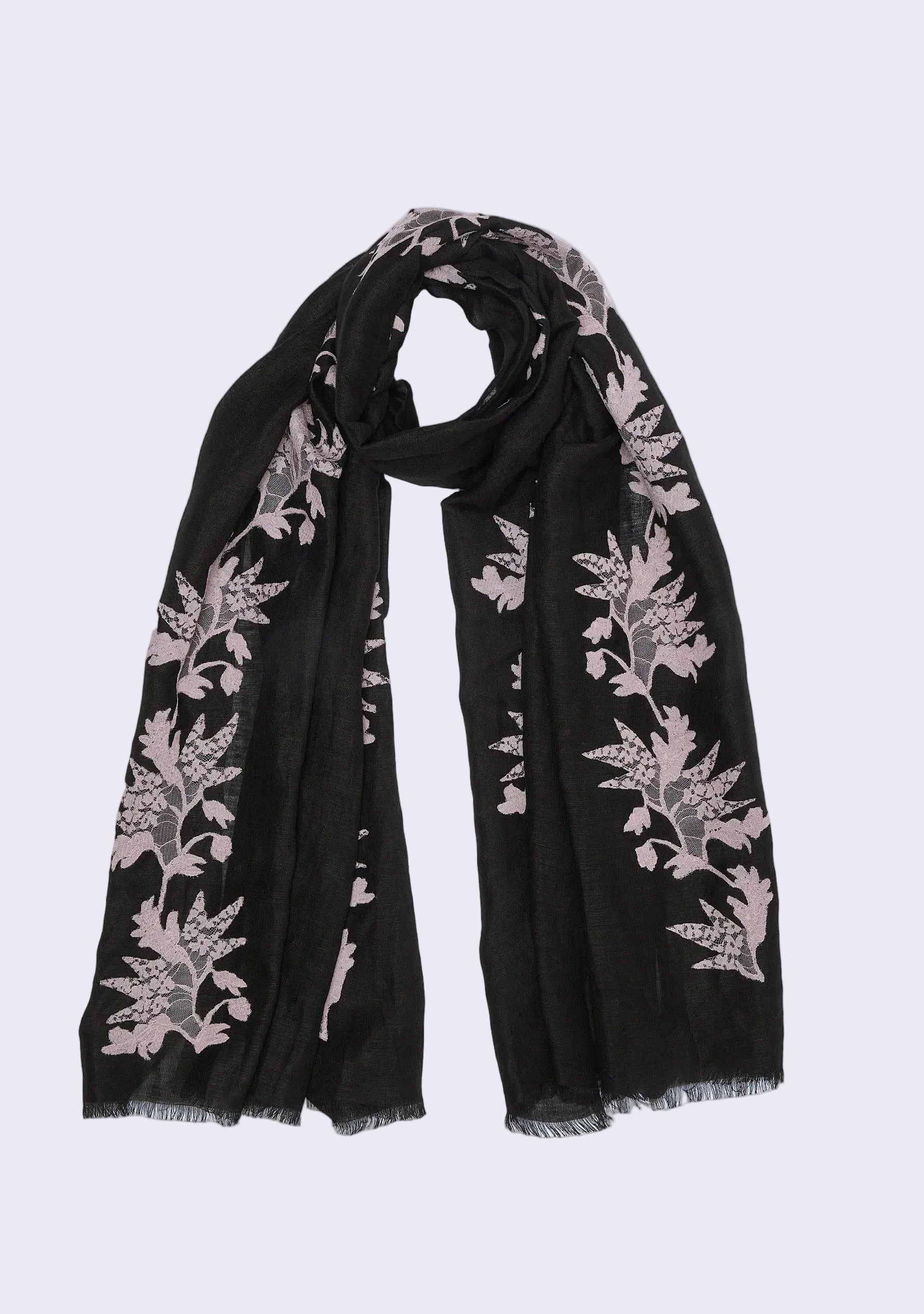 Black scarf with floral patterns on a white background