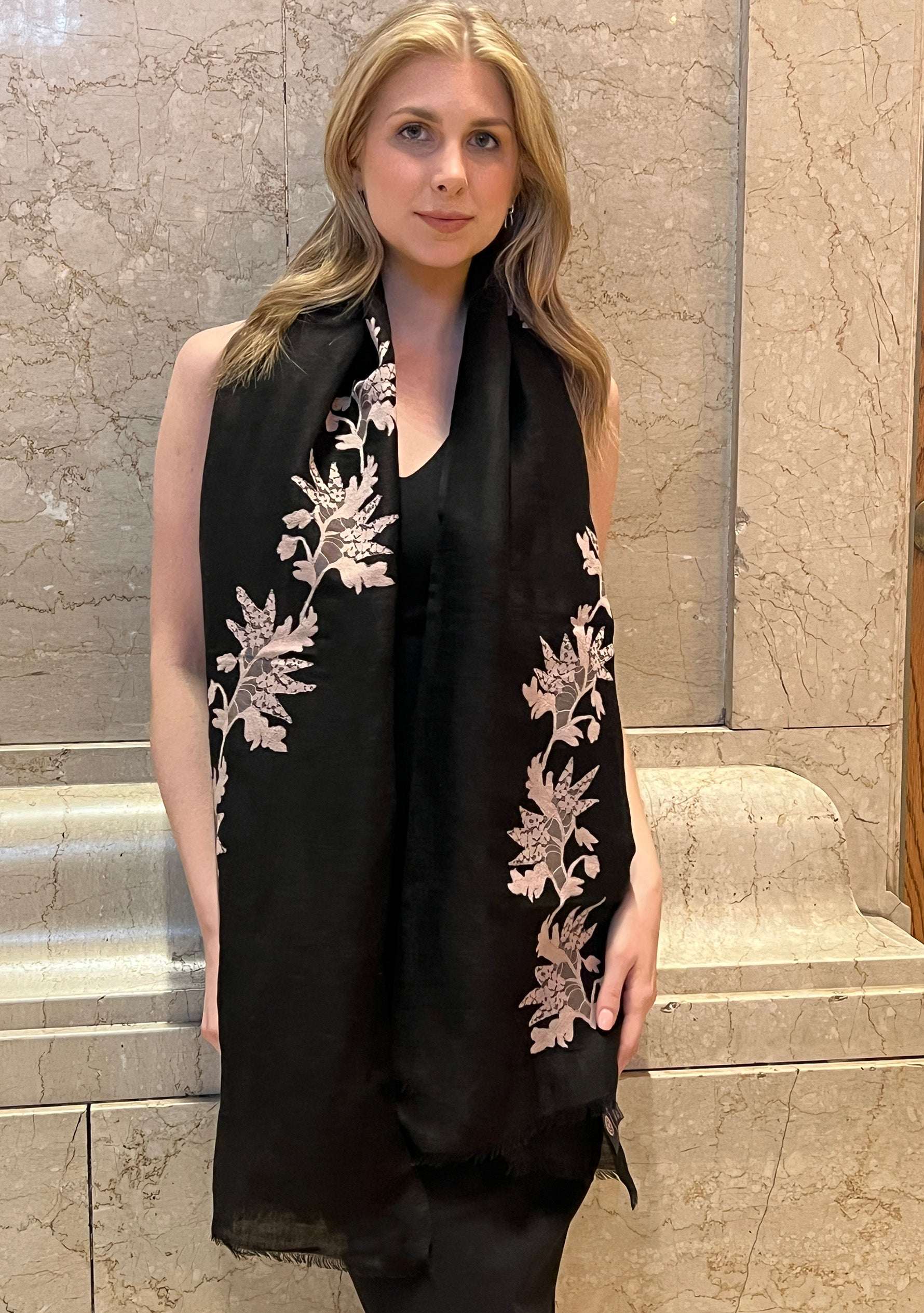 Black linen and modal scarf with light copper lace