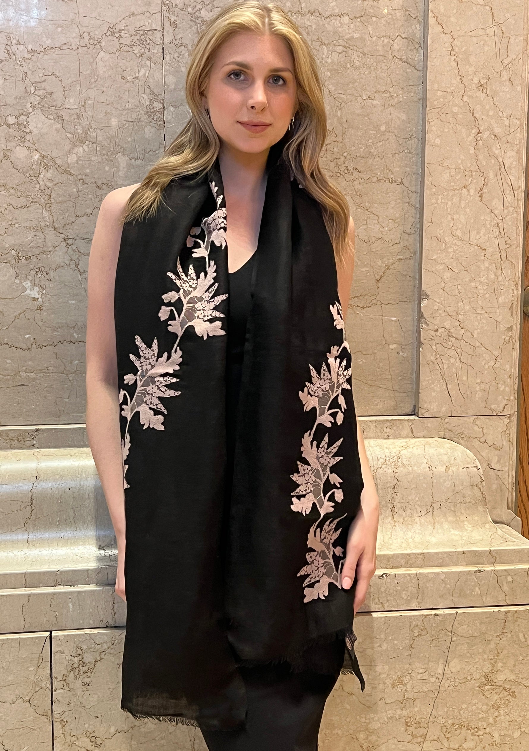 Black linen and modal scarf with light copper lace
