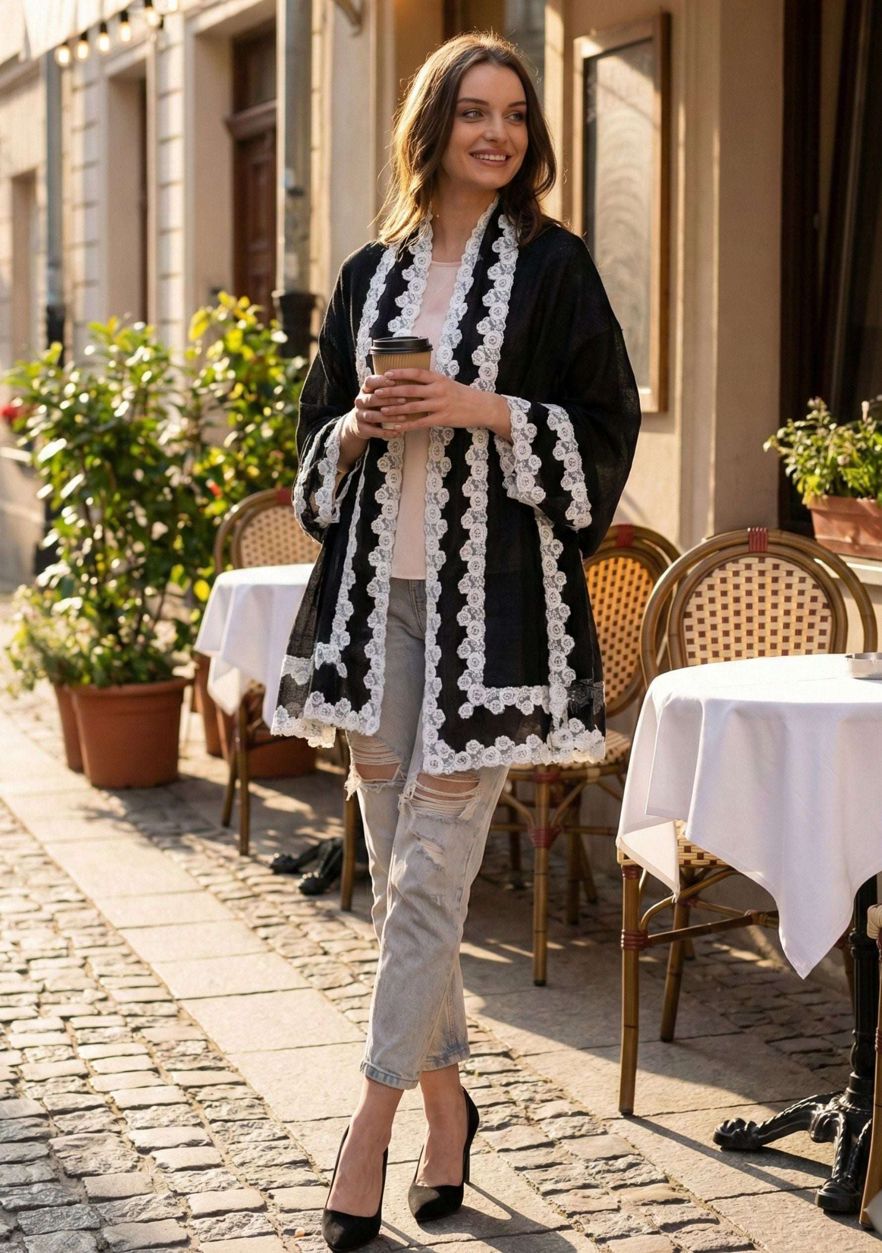 Black linen and modal scarf with white lace